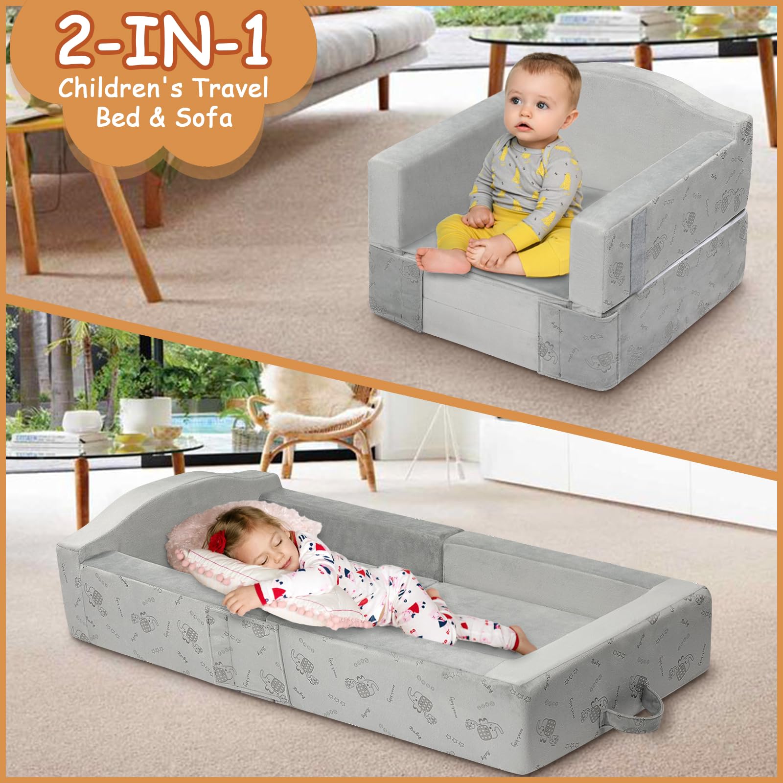 2 in 1 Foldable Toddler Travel Bed with Mattress - Portable Floor Bed for Kids (45