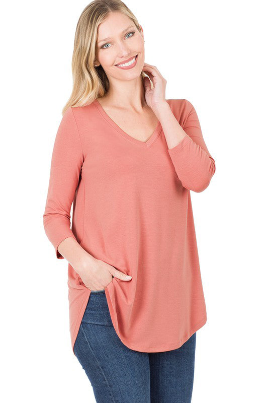 3/4 Sleeve V Neck Scoop Front & Back Women's T-Shirt - Perfect for Casual Wear, Layering & Everyday Outfits