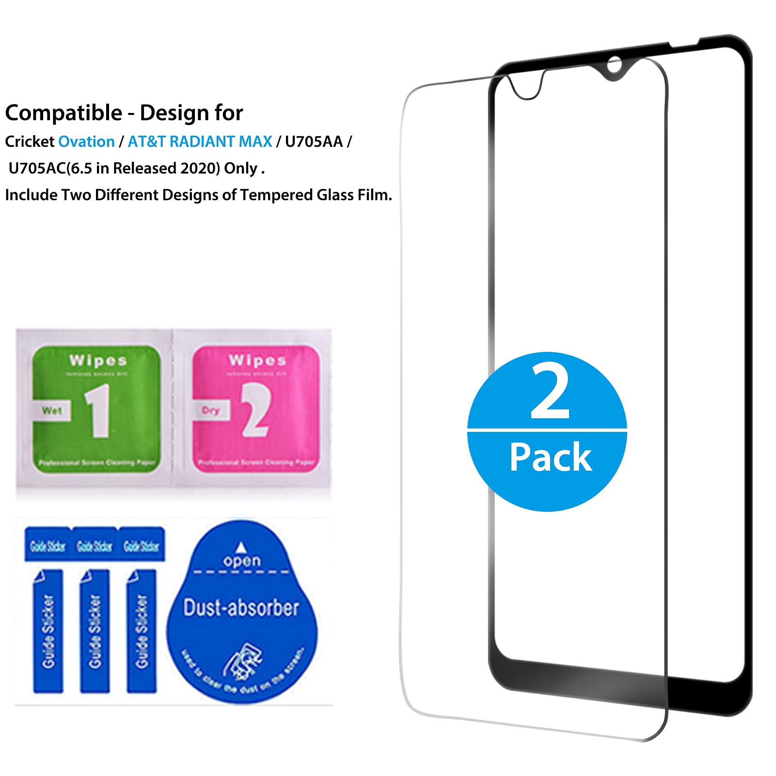 Ailiber 2-Pack Tempered Glass Screen Protector for Cricket Ovation/AT&T Radiant Max (U705AC/U705AA) - 6.5 Inch HD Clear Anti-Scratch Case Friendly Screen Film - Perfect for Everyday Protection & Gaming
