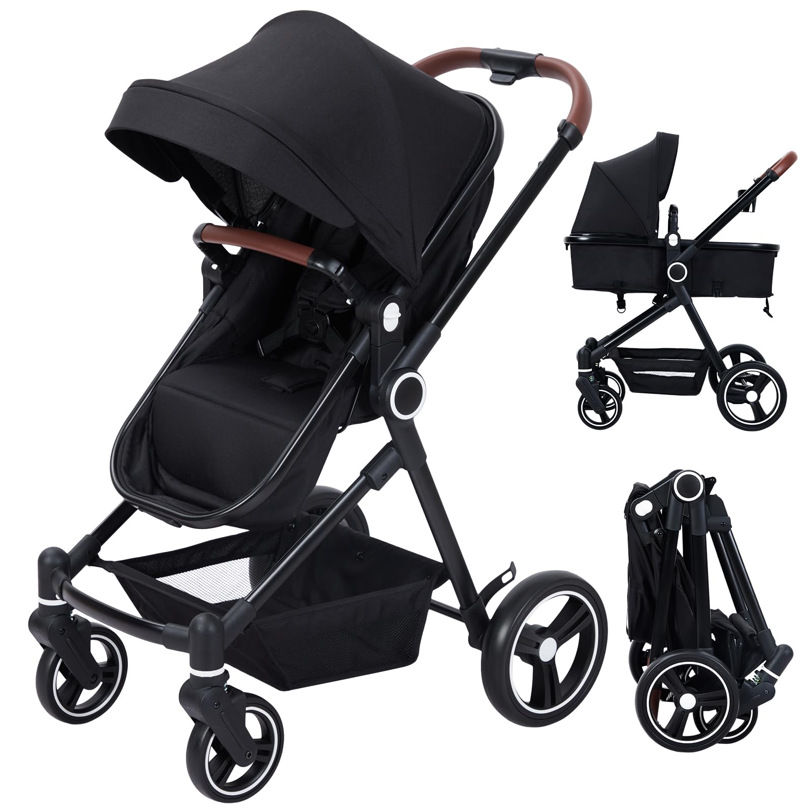 GAOMON 2-in-1 Baby Stroller with Reversible Bassinet | Adjustable Canopy & Backrest | Foldable Lightweight Aluminum Frame | Shock-Absorbing Wheels for Newborns & Infants (Black) - Perfect for Park Walks, Shopping Trips & Daily Outings
