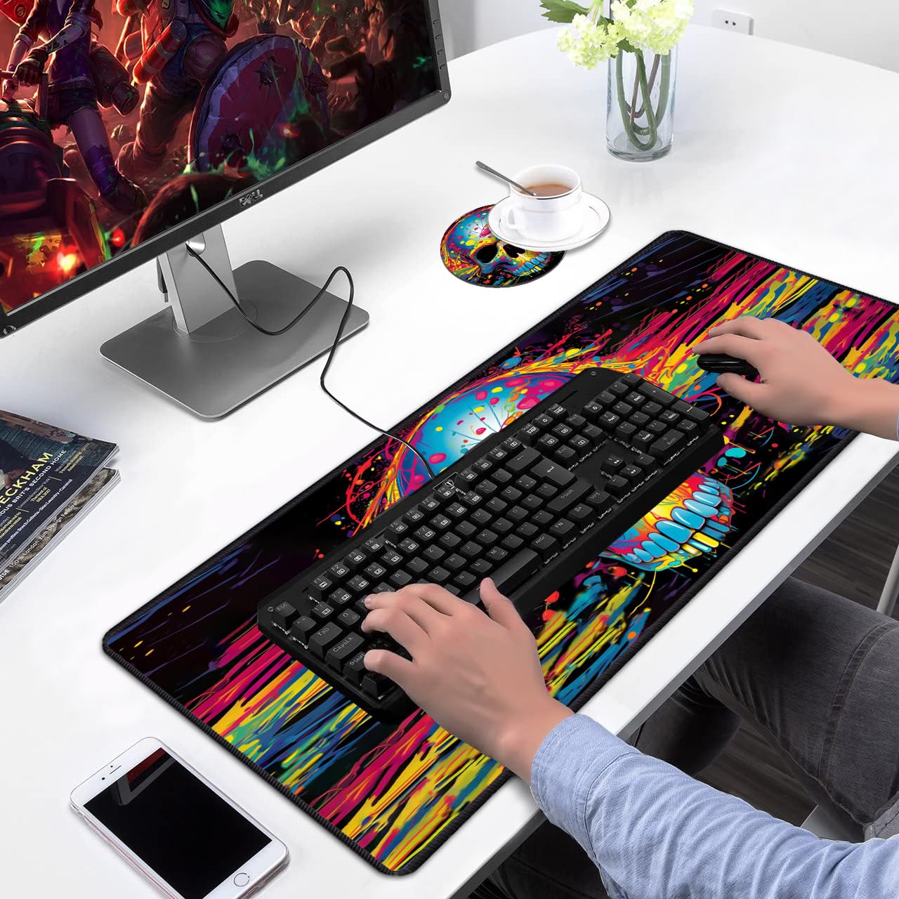 XXL Gaming Mouse Pad with Coasters Set - Non-Slip Stitched Edges Desk Mat for Laptop & Computer (31.5x11.8 Inch) - Skull Design Office & Home Writing Surface - Perfect for Work, Gaming & Study