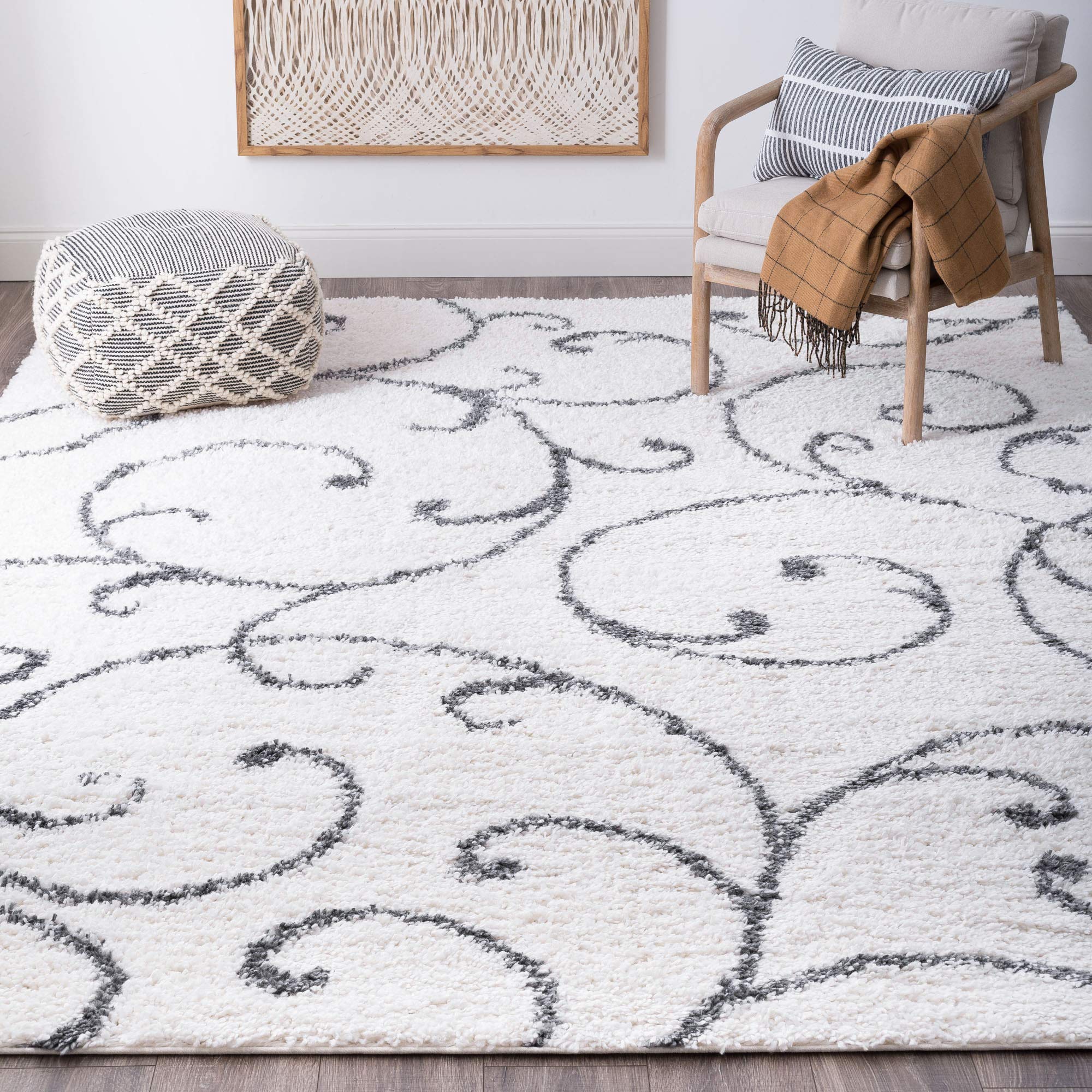 Benji White 5x7 Shag Rug - Soft Fluffy Area Rug for Living Room, Bedroom, Dining Room - Non-Slip Transitional Shaggy Carpet with Floral Design - Perfect for Home Decor, Cozy Spaces & High Traffic Areas