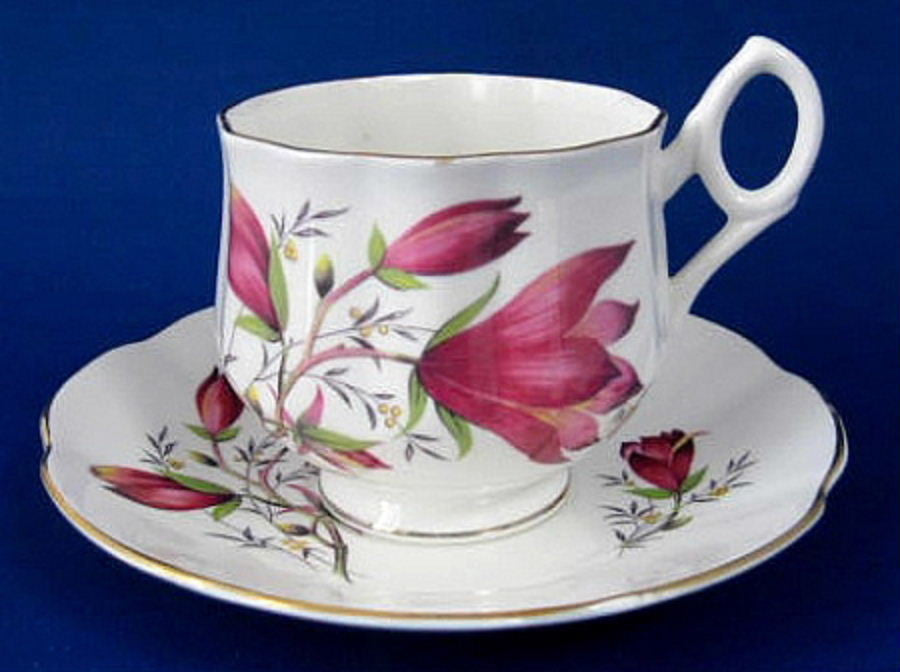 Vintage Rosina Bone China Cup and Saucer Set - Burgundy Crocus Floral Design (1960s) | Elegant Tea Time, Collectible Home Decor, Perfect Gift for Tea Lovers