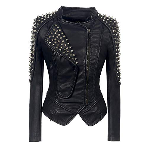 ZJX Women's Punk Leather Jacket with Dovetail Rivets - Classic Motorcycle Biker Jacket with Lapel Collar | Perfect for Riding, Night Out & Fashion Statement