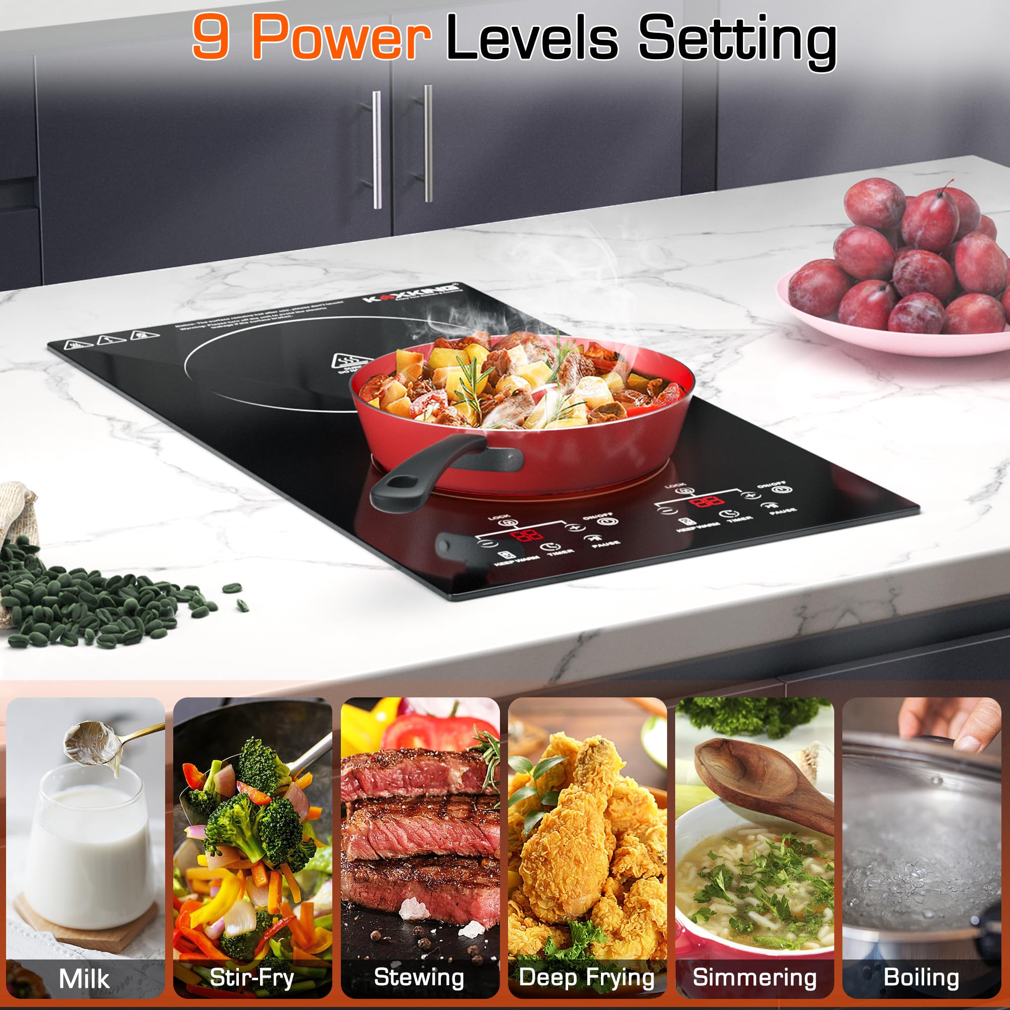 12 Inch 2 Burner Electric Cooktop with Sensor Touch Control - 9 Heating Levels, Timer, Child Safety Lock & Keep Warm Function - 110V Built-In Stovetop for Kitchen, RV, Dorm & Small Spaces
