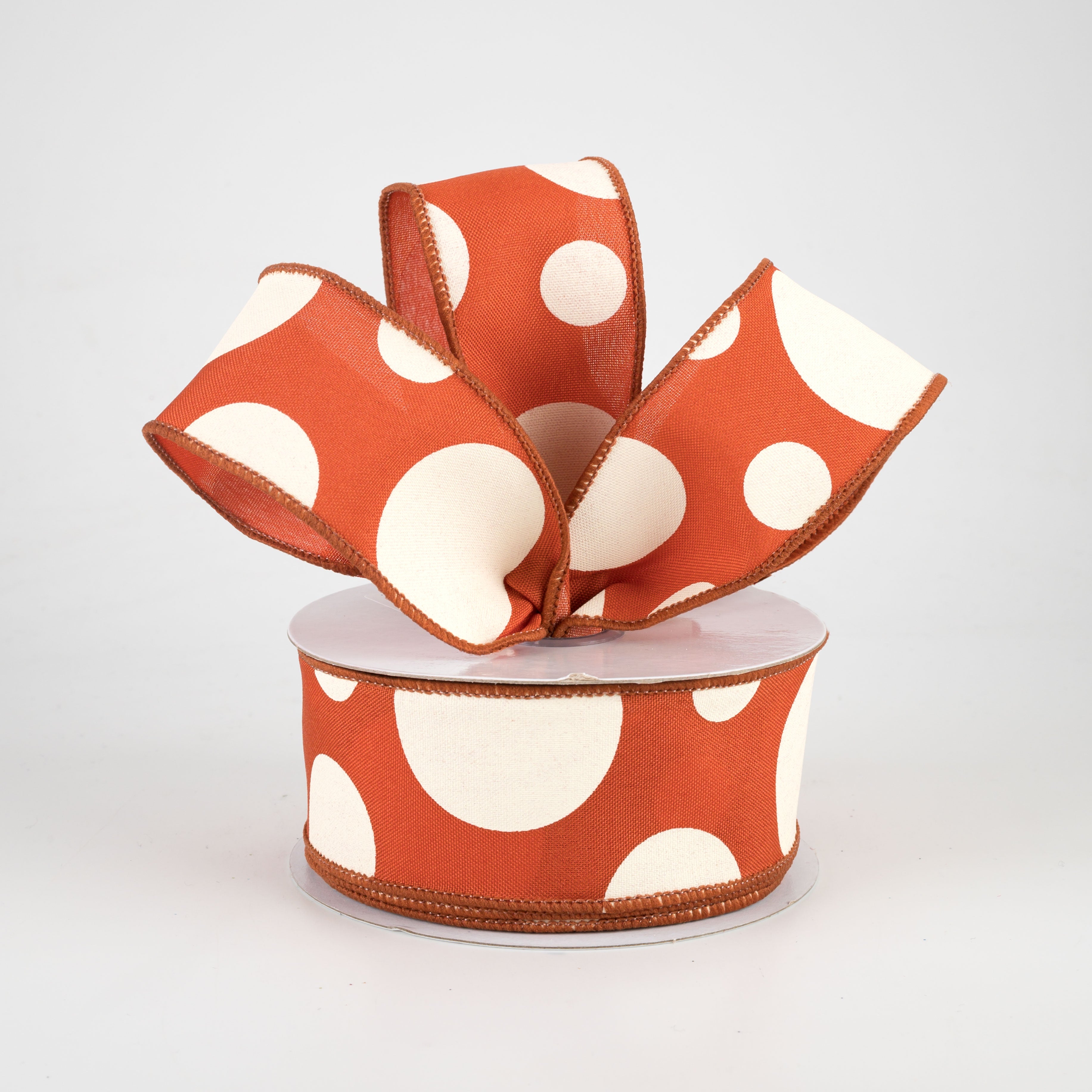 1.5 Inch Wide Giant Three Size Polka Dot Ribbon in Rust & Ivory - 10 Yards Bulk Roll for Gift Wrapping, Crafts, Wedding Decorations and DIY Projects