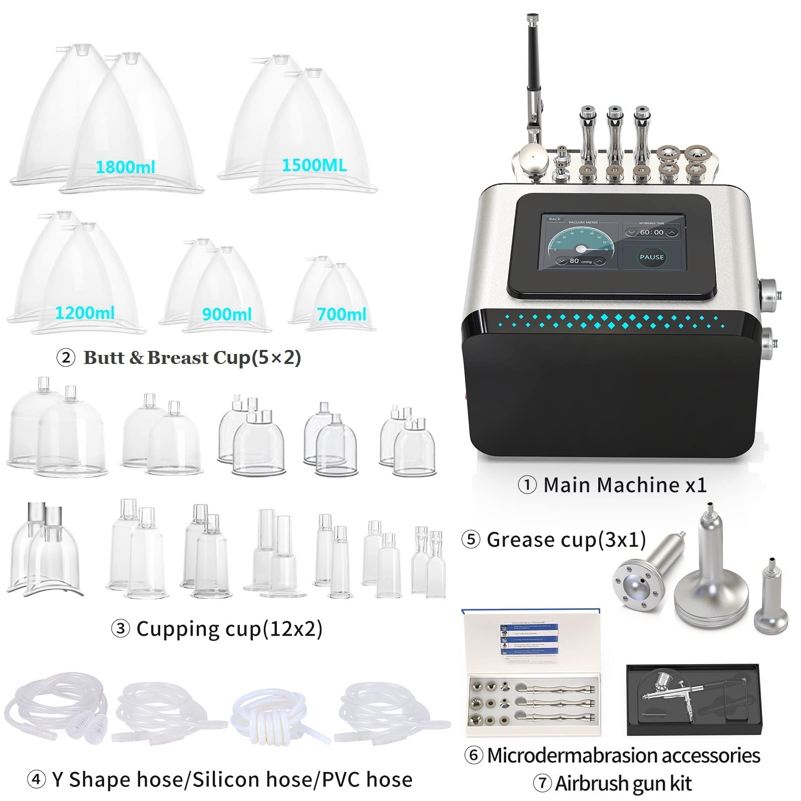 Professional 3-in-1 Vacuum Therapy Machine - 1800ml Large Cupping Cups, Diamond Microdermabrasion & Spray Gun - 80cmHg Max Suction for Body Sculpting, Cellulite Reduction & Skin Rejuvenation - Perfect for Home Spa, Beauty Salons & Professional Therapists