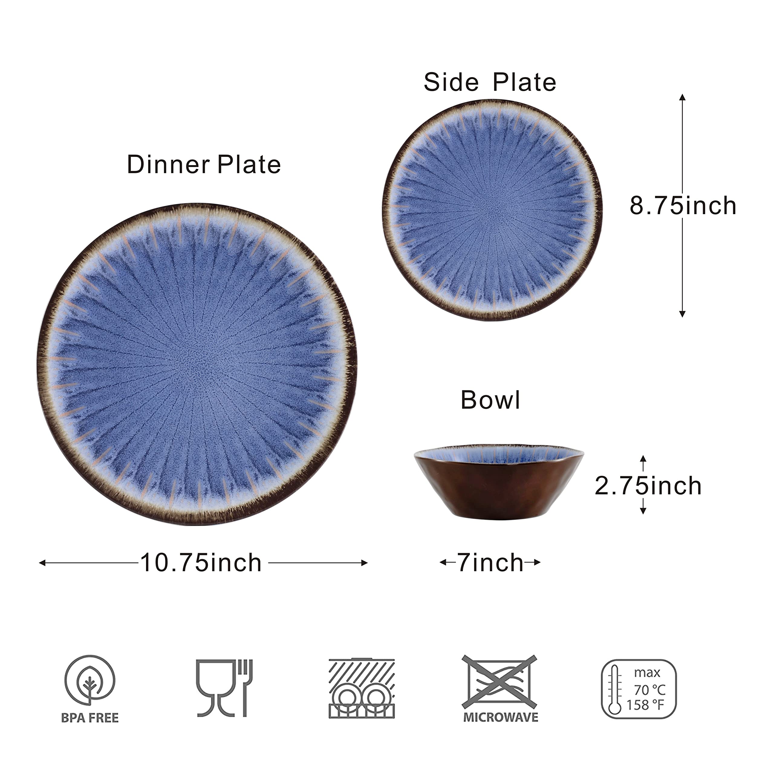 12-Piece Melamine Dinnerware Set - Unbreakable Plates & Bowls for Outdoor Dining, Camping, Picnics - BPA-Free, Dishwasher Safe (Classic Blue) - Perfect for Patio Parties, RV Trips & Backyard BBQs