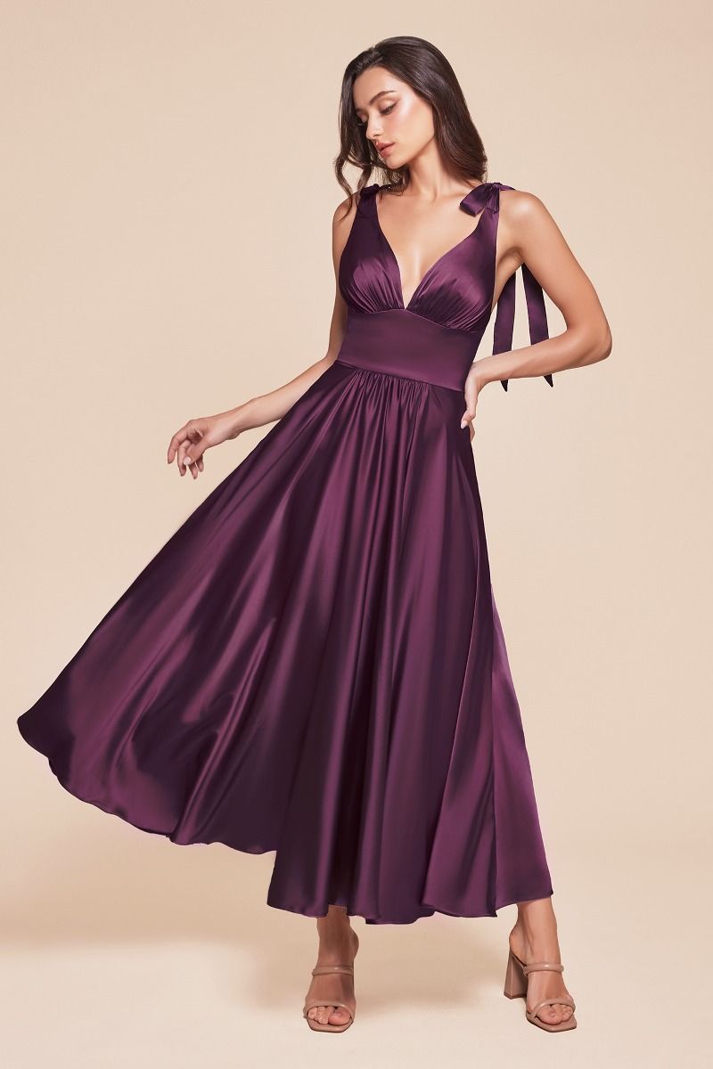 Elegant Maggie Midi Dress in Eggplant Purple - Soft Satin A-Line Tea Length Dress for Women | Perfect for Cocktail Parties, Weddings & Formal Events