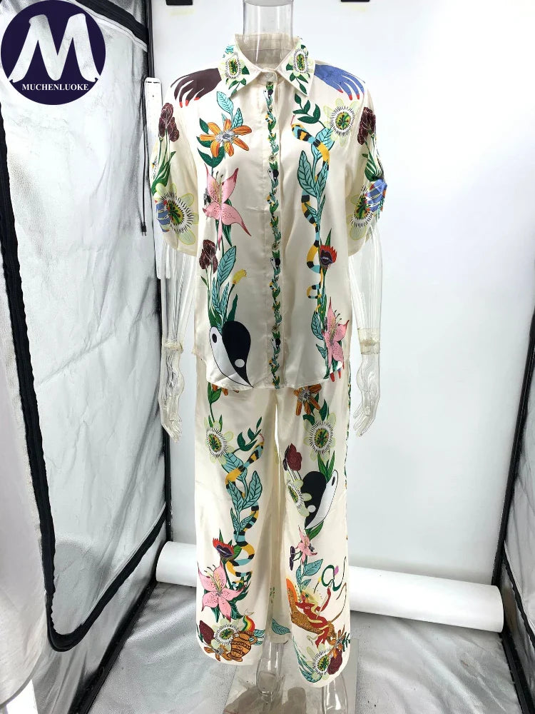 2 Piece Women's Outfit - Bohemian Print Half Sleeve Shirt & Wide Leg Pant Set | Summer Casual Loose Fit Matching Set for Beach, Vacation & Everyday Wear