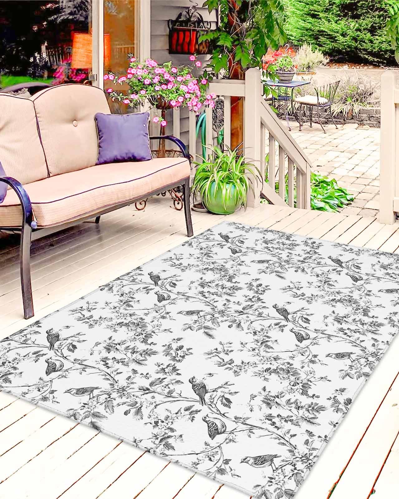 Non-Slip 4x6 Ft Black Botanical Outdoor Rug for Patio, Deck & Porch - Watercolor Birds Design Washable Reversible Rug for Indoor/Outdoor Use - Perfect for Summer, Spring, Camping & Home Decor