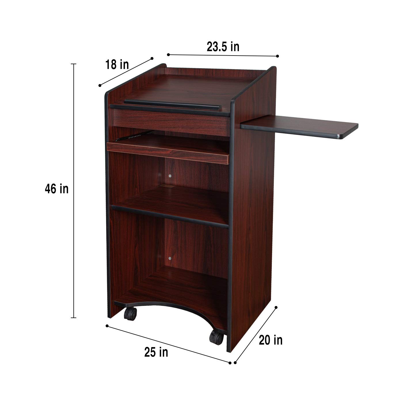 OEF Furnishings Mobile Floor Lectern with Side Shelf & Keyboard Tray - Adjustable Height Mahogany Wood Podium for Church, Classroom, or Home Office Use