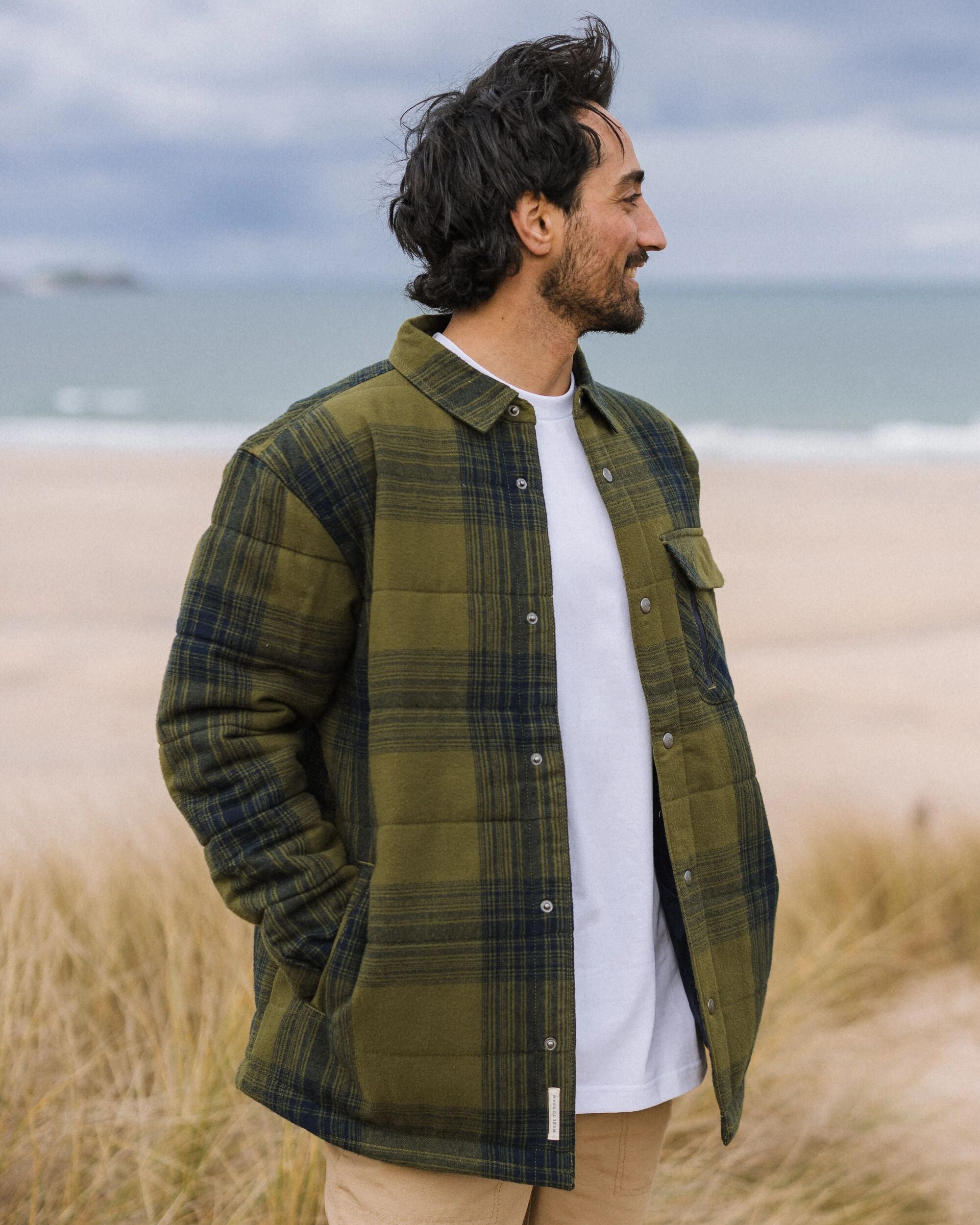 Taranaki Quilted Shirt Jacket for Men - Navy & Khaki Green Checkered Flannel - Lightweight Outdoor Layering for Hiking, Camping & Casual Wear