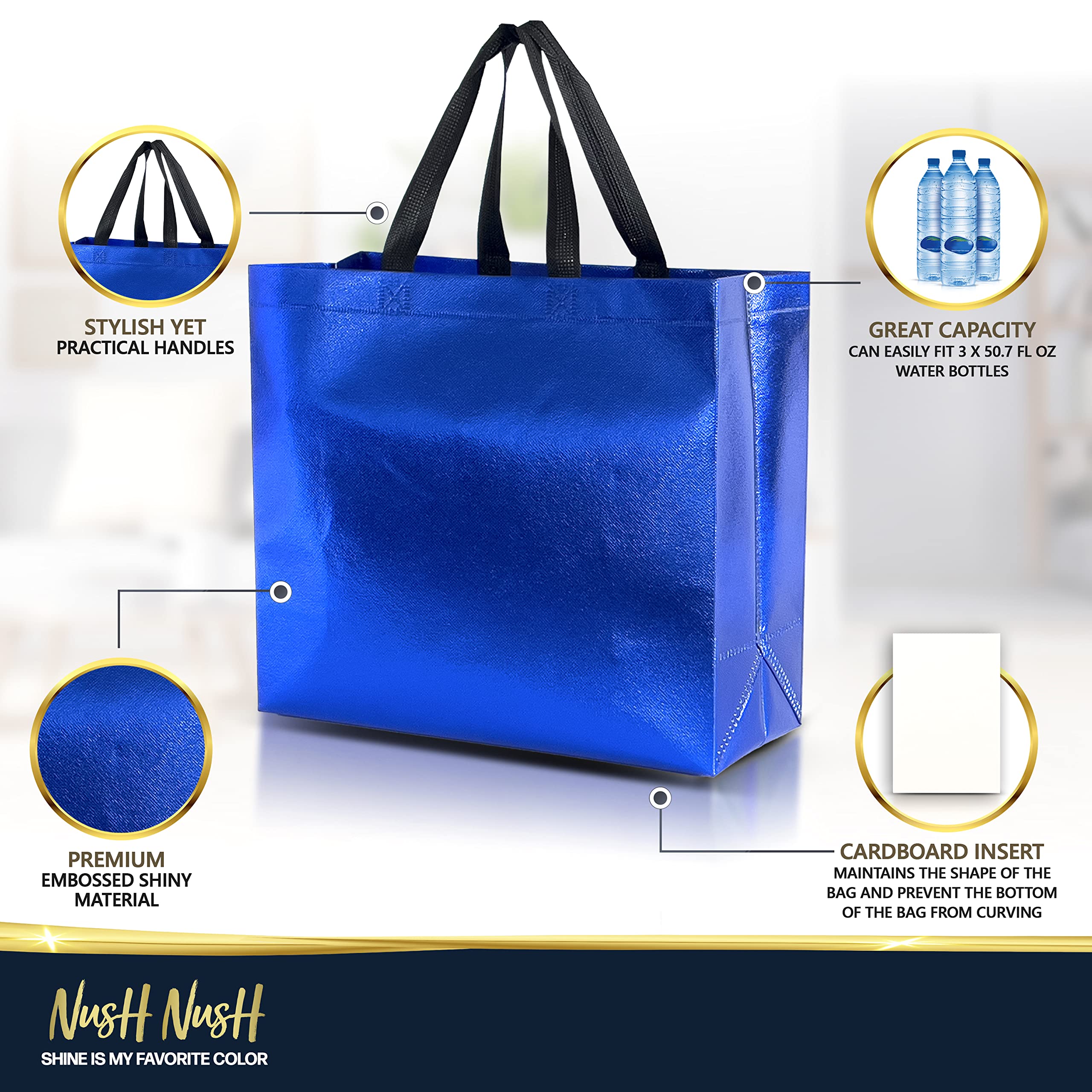 Nush Nush Large Blue Gift Bags - Set of 12 Reusable Shiny Party Favor Bags with Handles (13