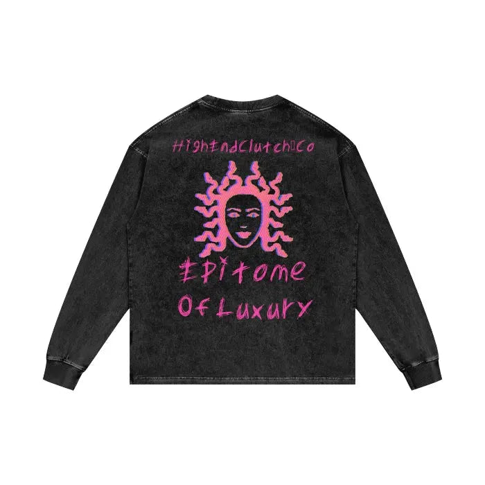 Acid Wash Oversized Long Sleeve T-Shirt | 250 GSM Premium Medusa Print Streetwear | Casual Outfit, Festival Fashion, Gothic Style Clothing