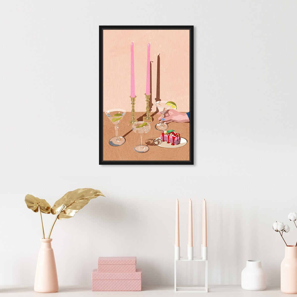Elegant Pink Framed Canvas Wall Art Print - Modern Dessert & Drink Theme for Dining Room Decor | Perfect for Kitchen, Living Room, and Home Decoration