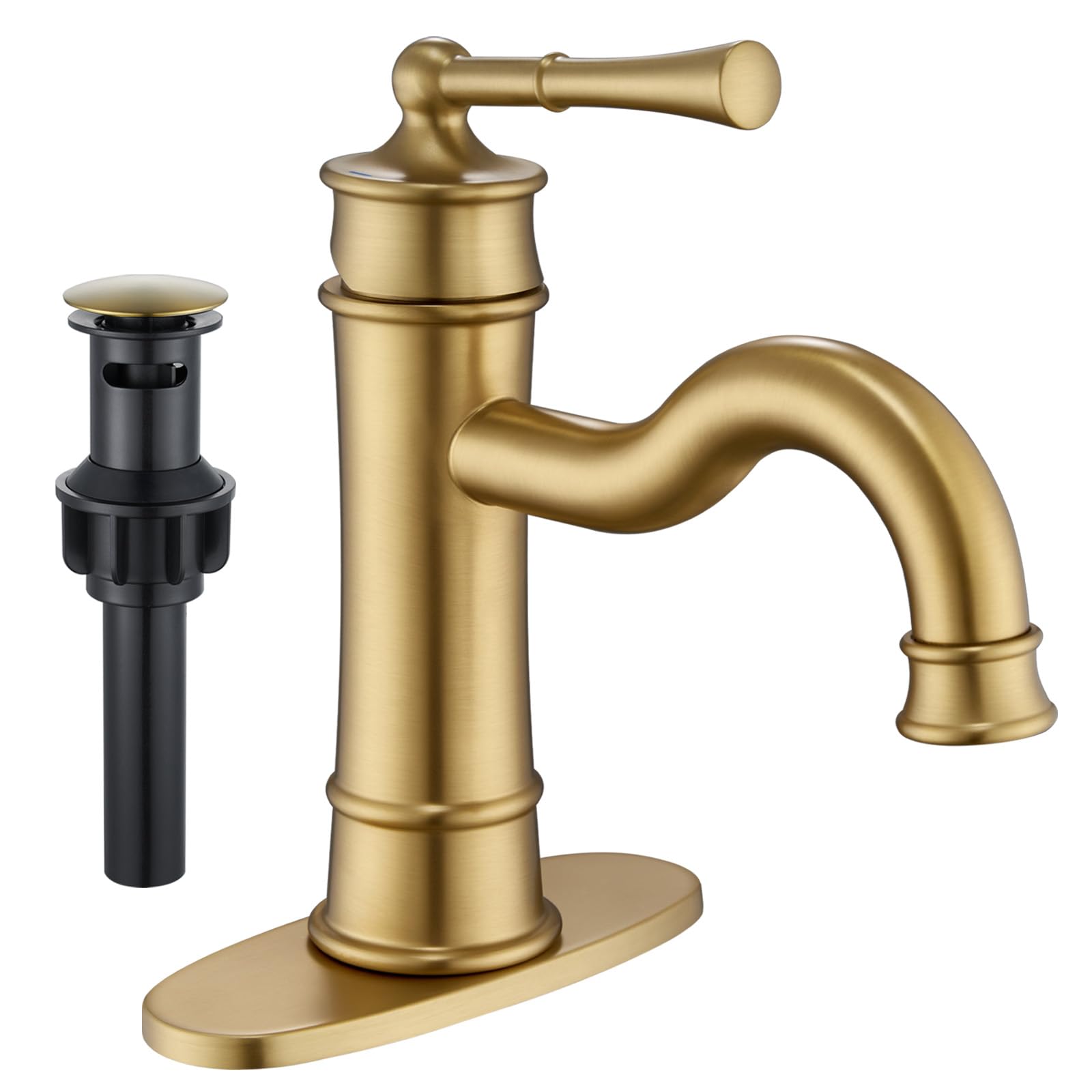 Vintage Brushed Gold Single Handle Bathroom Sink Faucet - Solid Brass 1 or 3 Hole Vanity Basin Faucet with Deck Plate & Pop-up Drain - Long Spout Waterfall Design for Bathroom, Powder Room & Guest Bath Sink Installation (Model NL-2201BG)
