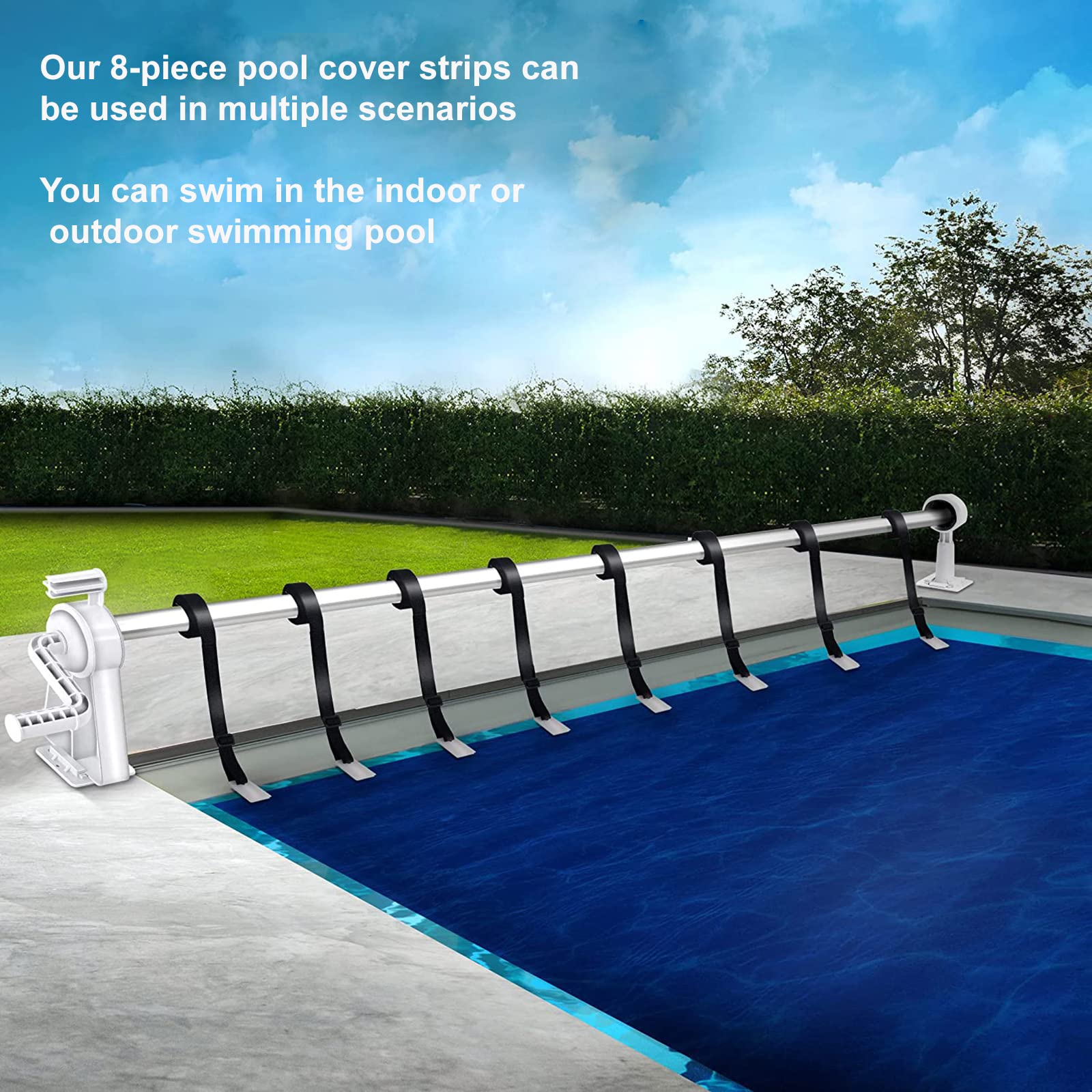 MOTOFUTURE Universal In-Ground Pool Solar Cover Reel Attachment Kit - Includes 8 Adhesive Nylon Straps, 8 Cord Plates & 8 Buckles - Easy Installation for Above Ground & Inground Swimming Pools - Perfect for Pool Maintenance & Solar Cover Storage