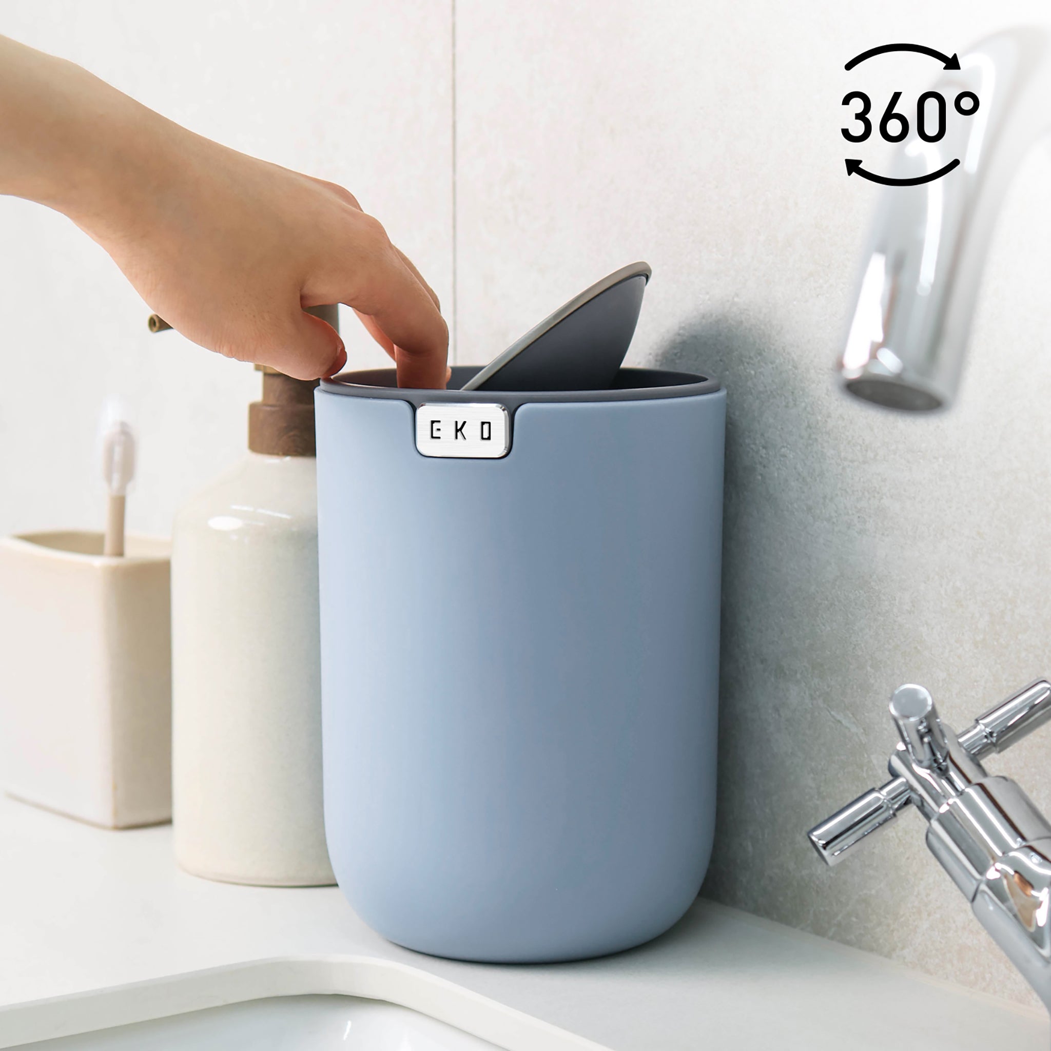 Fandy Table Bin with Swing Top Lid - 1.5L/0.4 Gal Small Trash Can, Blue Kitchen Wastebasket for Office, Bathroom, Bedroom & Desk Use