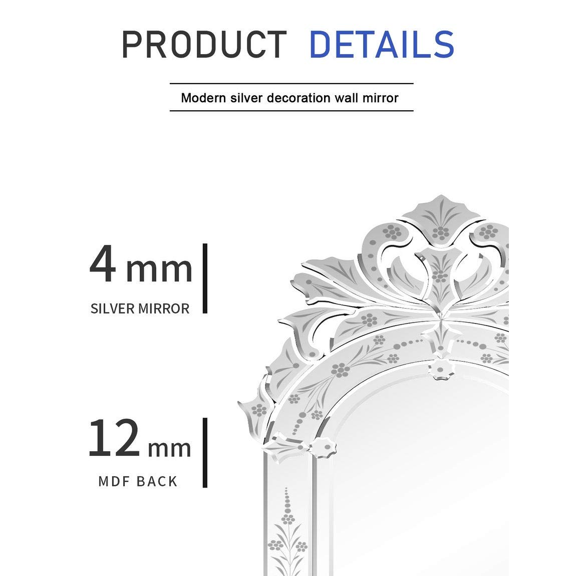 Modern Engraved Wall Mirror with Silver Beveled Glass - Elegant Home Decor for Living Room, Bedroom & Entryway