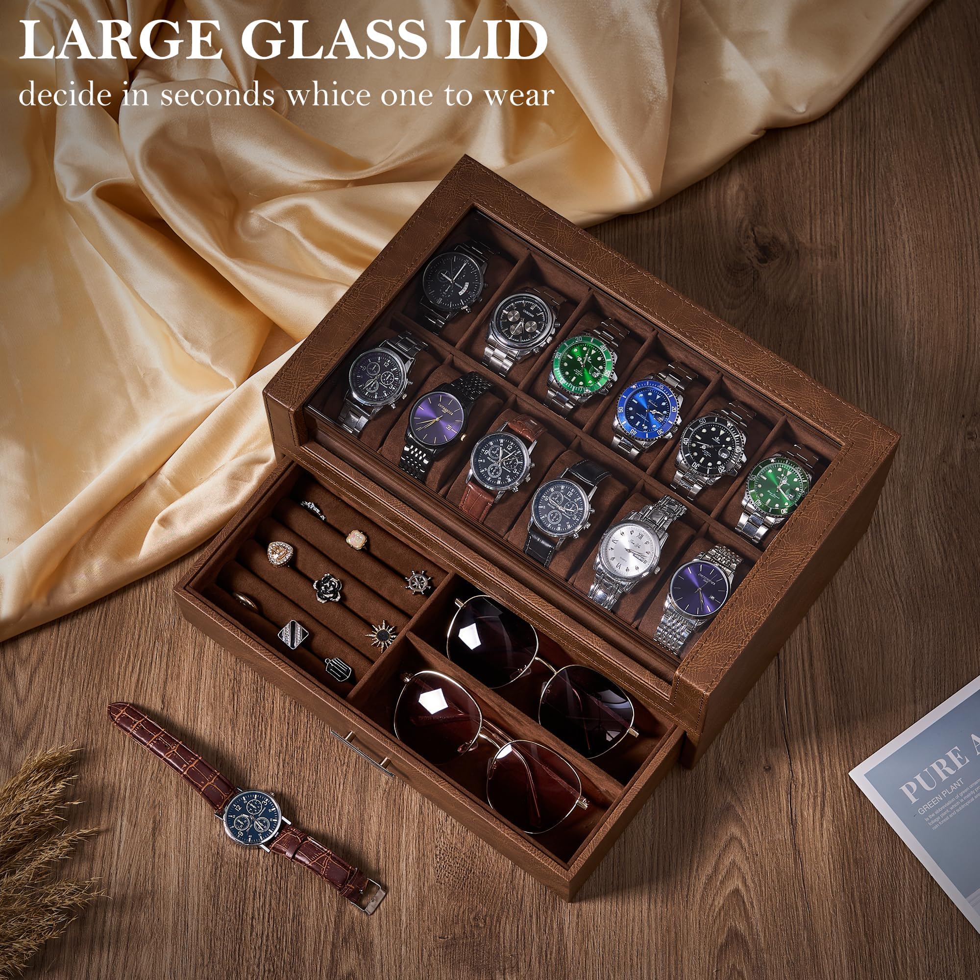 BEWISHOME 12 Slot Luxury Watch Box Organizer with Clear Acrylic Lid - Wooden Watch Display Case for Men, Jewelry & Sunglasses Storage (Brown SSH22Z) - Perfect for Watch Collectors, Gift Giving & Home Décor