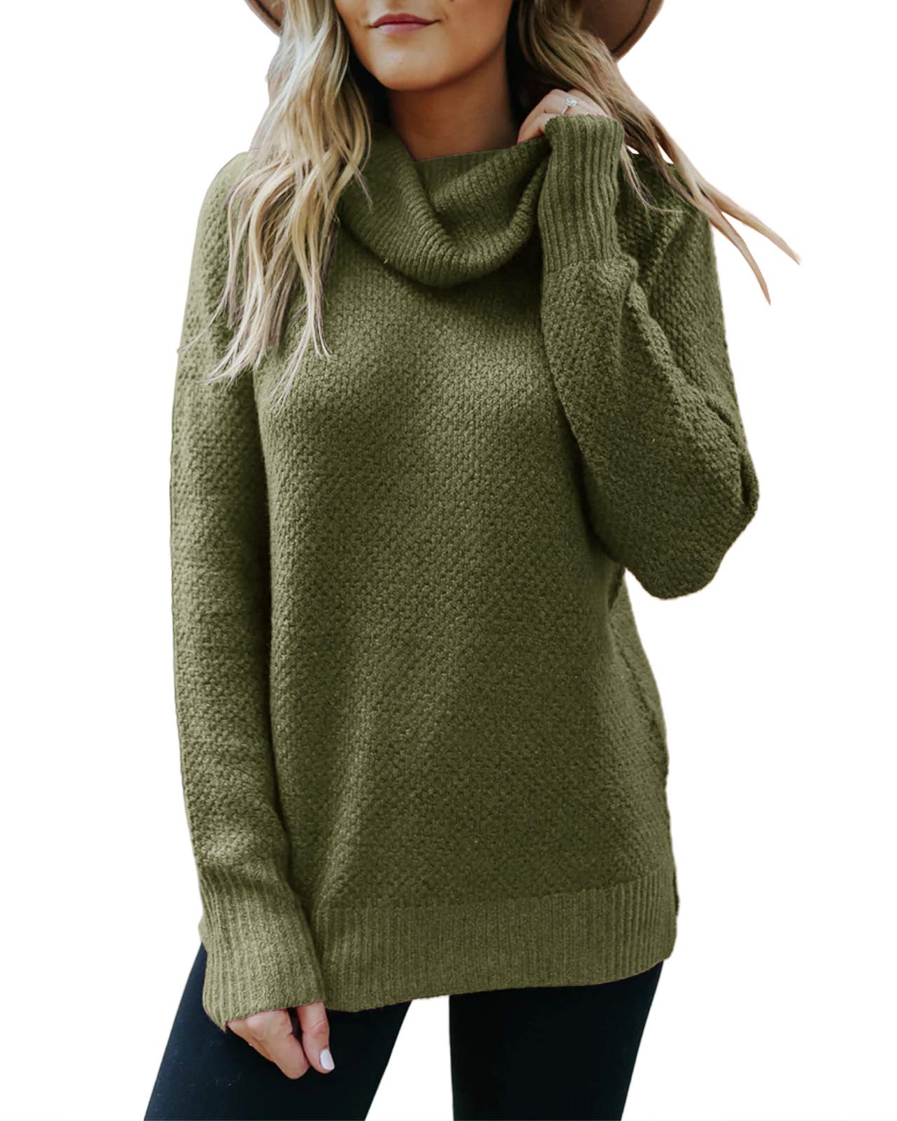 Women's Chunky Knit Turtle Neck Pullover Sweater - Waffle Knit Long Sleeve Loose Tunic Top with Side Slit & Drop Shoulder Design | Casual Winter Wear, Office Outfit, Fall Layering Essential