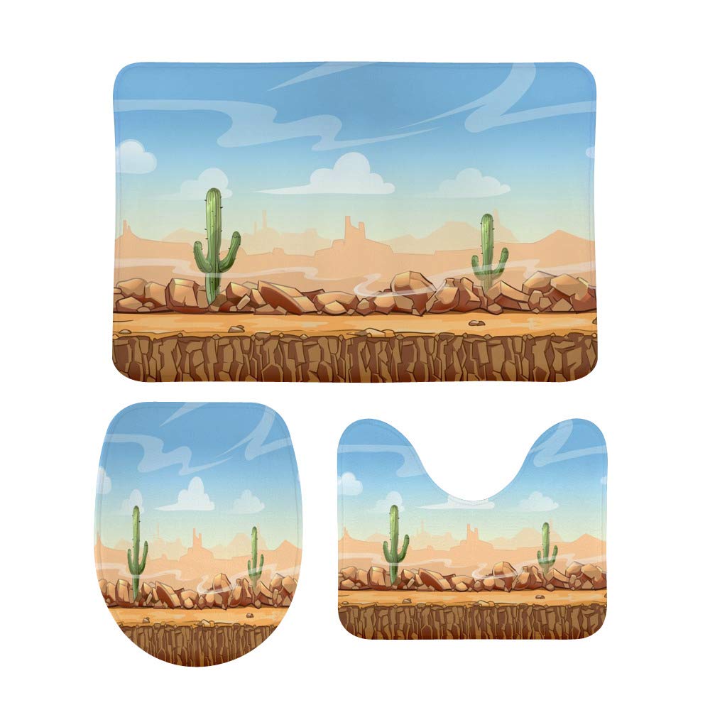 3-Piece Non-Slip Bathroom Rug Set - Soft Coral Fleece Toilet Mat, Contour Lid Cover & Shower Mat with Wild Desert Landscape Design for Cozy Bathroom Decor