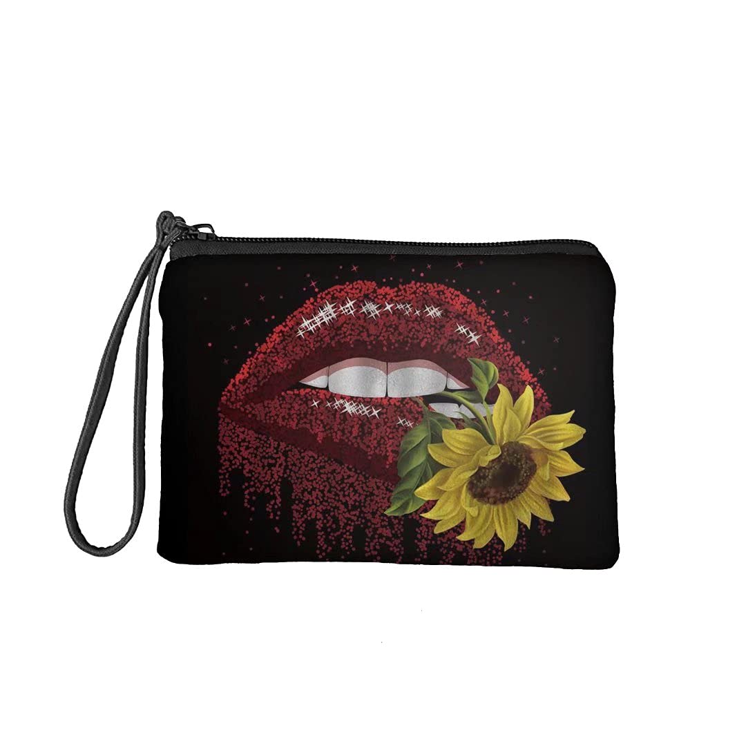 NRBEAWD Red Lips & Sunflower Print Small Wallet - Zippered Coin Purse, Change Pouch & Mini Cosmetic Bag for Women | Perfect for Cash, Cards & Travel Essentials