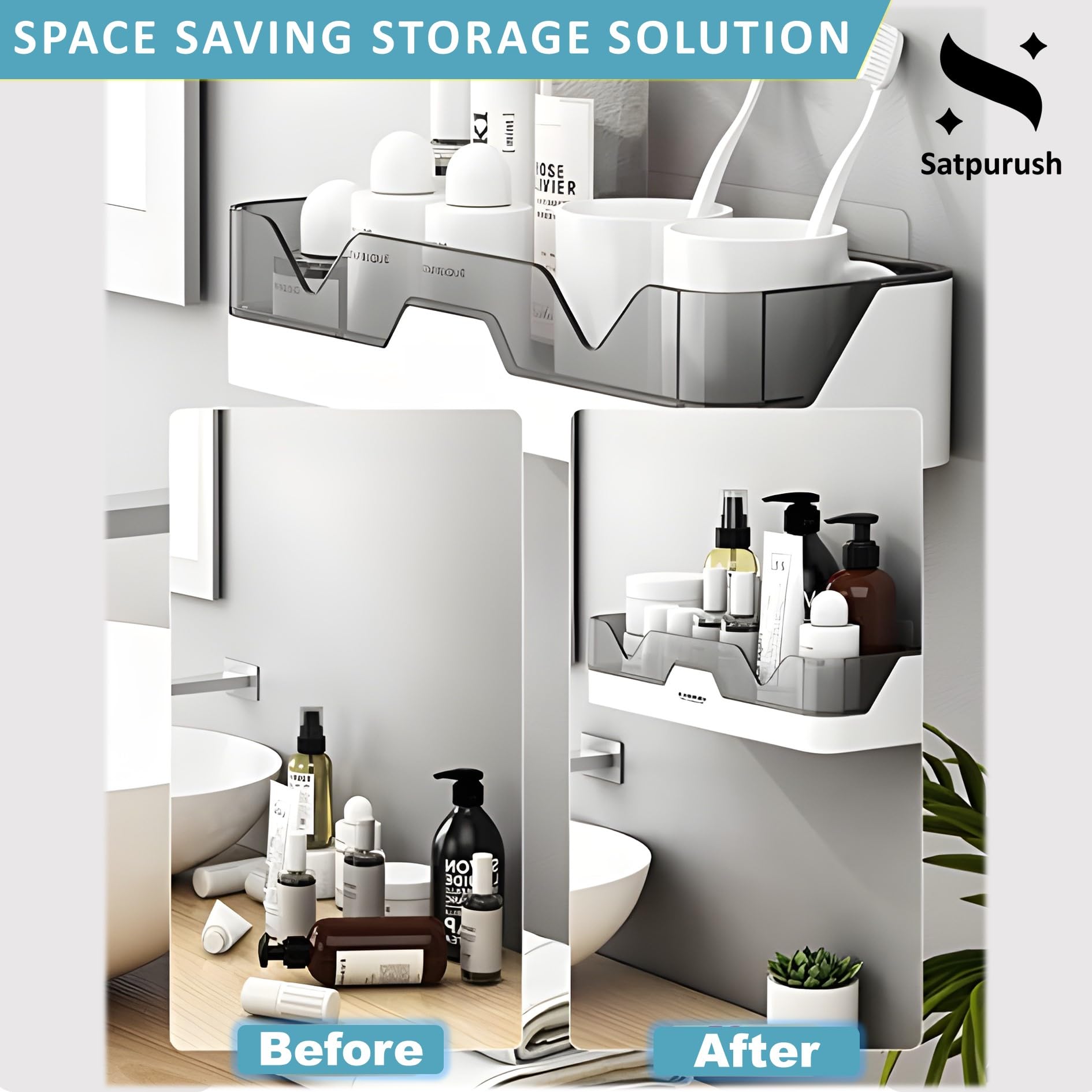 Satpurush Plastic Bathroom Organizer - Wall Mounted Shelf & Storage Rack (1 Shelf, Multicolor) | Space-Saving Bathroom Accessories for Shower, Toilet & Vanity Organization