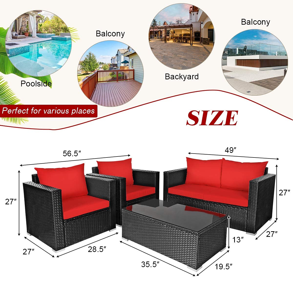 4-Piece Patio Rattan Chair Set with Tempered Glass Coffee Table & Cushions - Outdoor Wicker Sectional Sofa Conversation Set for Garden, Yard, Poolside (Red) - Perfect for Relaxing, Entertaining & Lounging in Your Outdoor Space