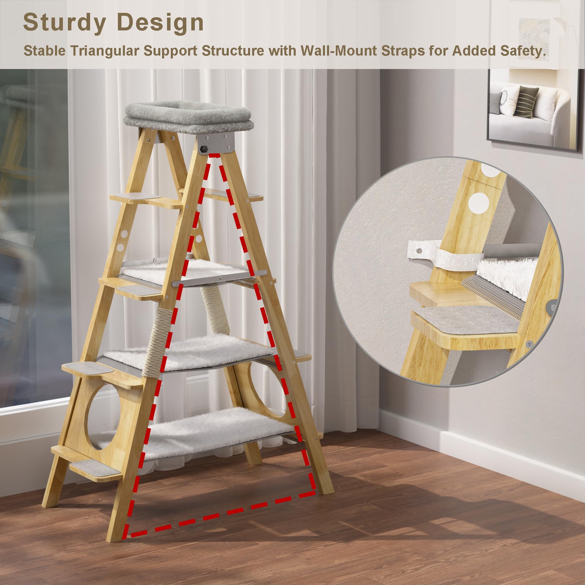 GDLF Modern Wood Cat Tree with Foldable Ladder, Hammock & Sisal Scratch Post - 60