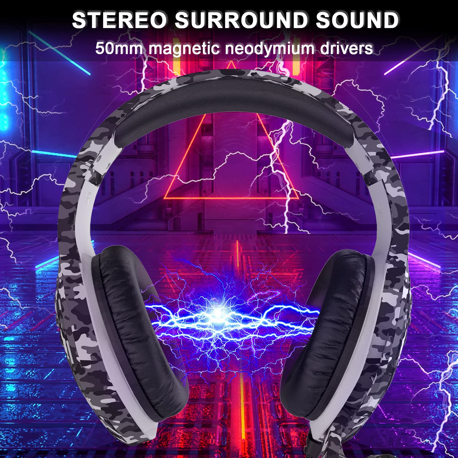 Premium Gaming Headset with Noise-Canceling Microphone - Compatible with PC, PS4, PS5, Nintendo Switch, Xbox One & Series X|S - 3.5mm Wired Over-Ear Headphones in Camo Black - Perfect for Competitive Gaming, Streaming & Online Chat
