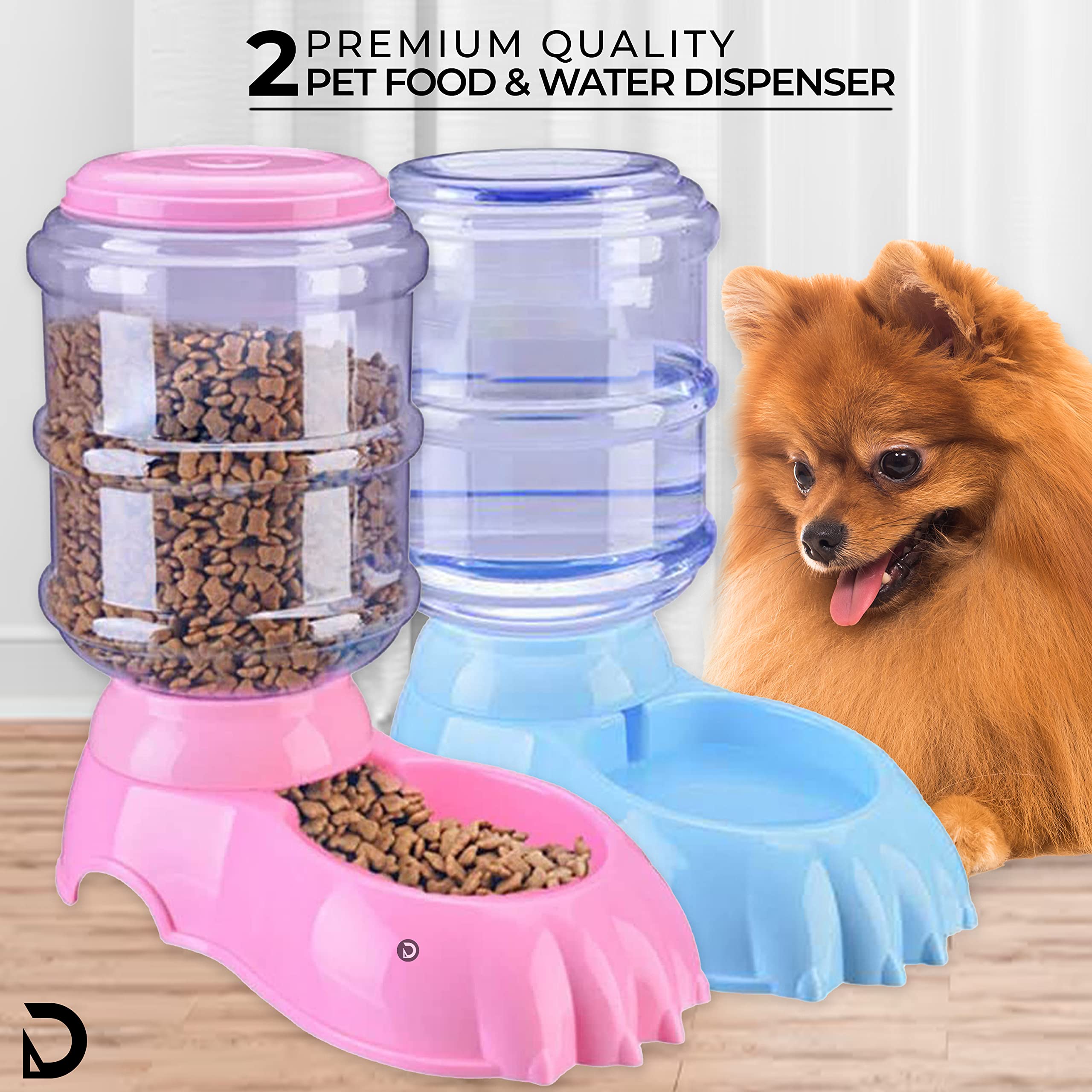 Automatic Pet Feeder & Water Dispenser Combo - DaKos Smart Food and Water Storage Bowl for Dogs, Cats, Pets (Blue Water Tank & Pink Food Container) - Perfect for Home, Office, Travel, and Daily Pet Care