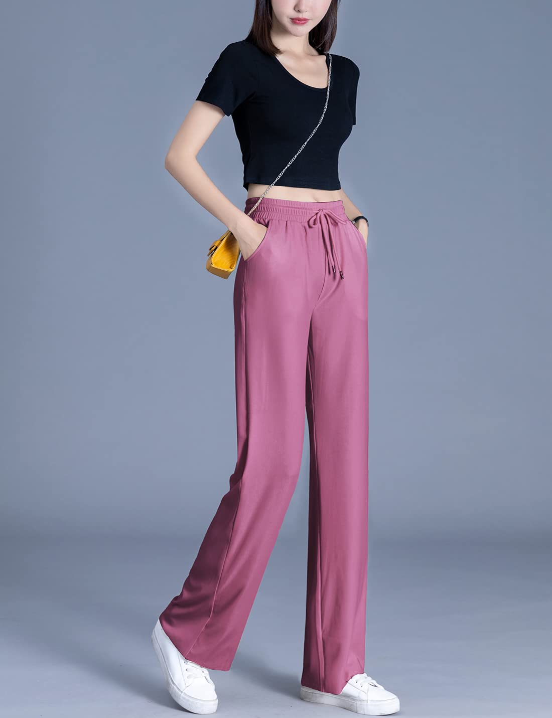 Snoly Women's High Waist Wide Leg Summer Casual Pants - Ice Silk Sweatpants for Women, Full Length Comfortable Lounge Pants for Yoga, Travel & Everyday Wear