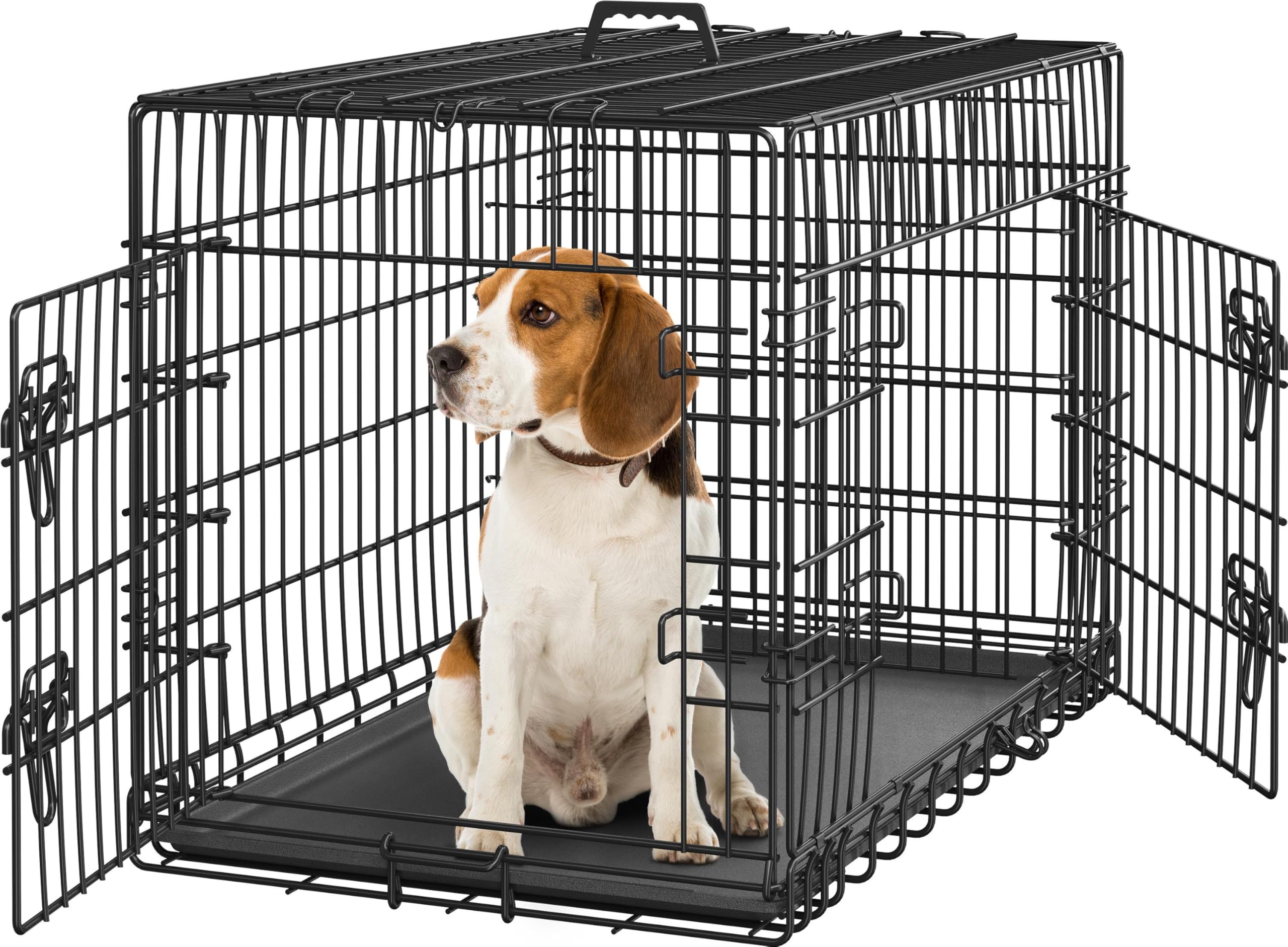 Yaheetech 36 Inch Double Door Collapsible Metal Dog Crate with Divider & Removable Tray - Portable Pet Kennel for Small to Medium Dogs - Ideal for Home, Travel & Training (Black)