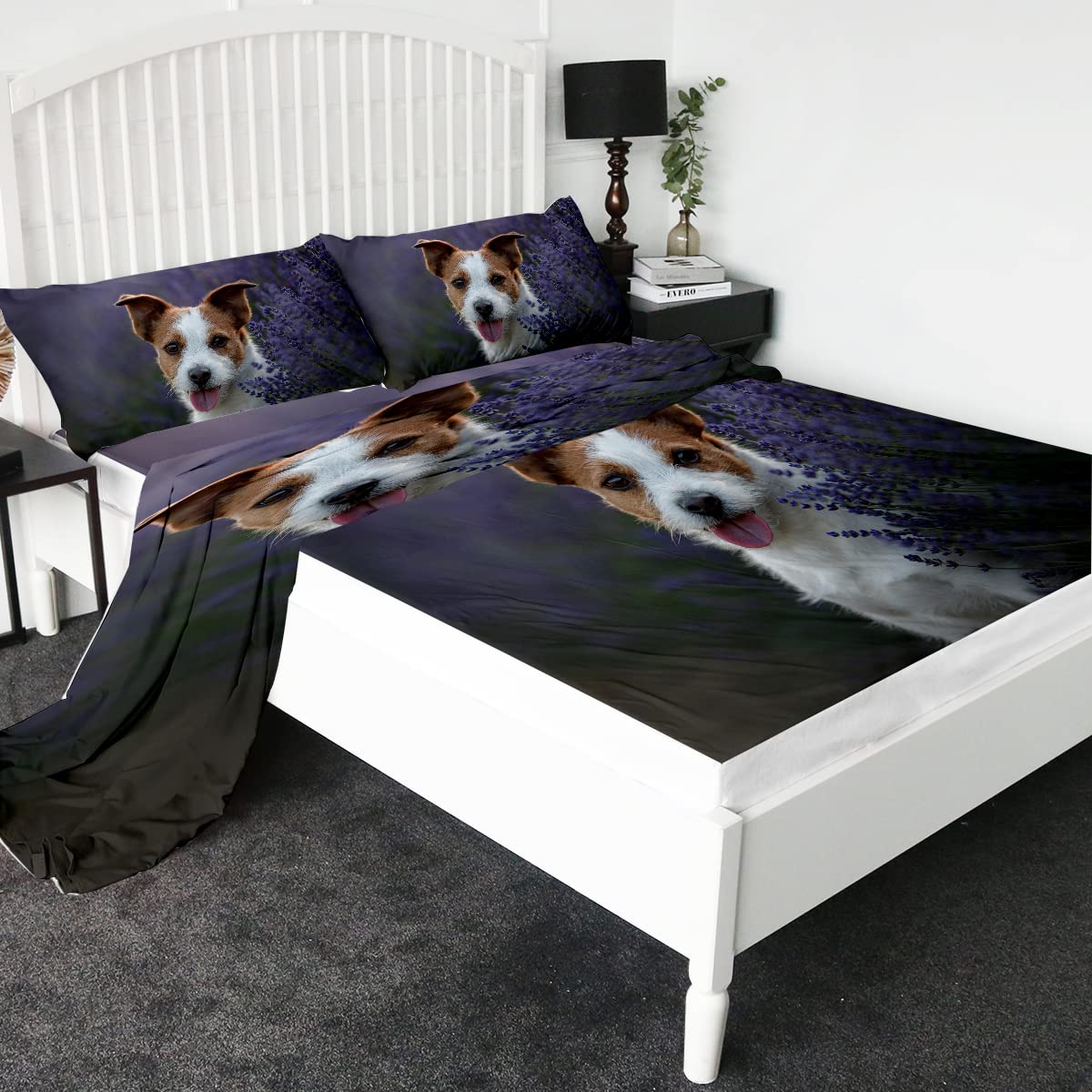 Sleepwish Jack Russells Dog Queen Size Sheet Set - 4 Piece Soft Lavender Floral Bedding with Fitted Sheet, Flat Sheet & 2 Pillow Shams | Perfect for Pet Lovers' Bedrooms, Guest Rooms & Cozy Home Decor