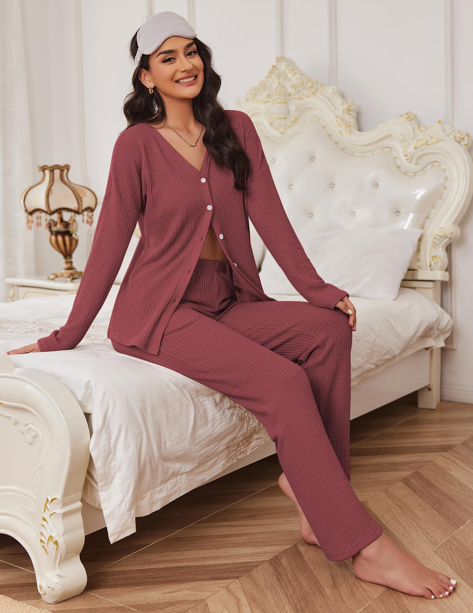 Ekouaer Women's Waffle Knit Pajama Set - Soft Button Down Sleepwear & Loungewear with Pockets | Cozy Two-Piece Pjs for Home, Sleep & Relaxation