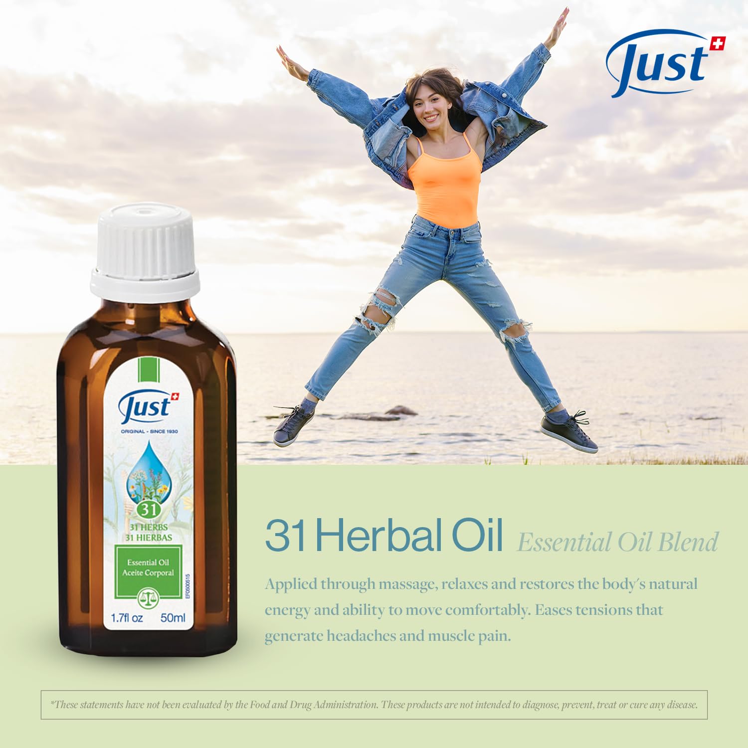 Swiss Just 31 Herbal Essential Oil - 50ml Natural Eucalyptus Massage Oil for Muscle Soreness & Joint Pain Relief | Family-Friendly Aromatherapy Solution for Relaxation, Stress Relief & Home Spa