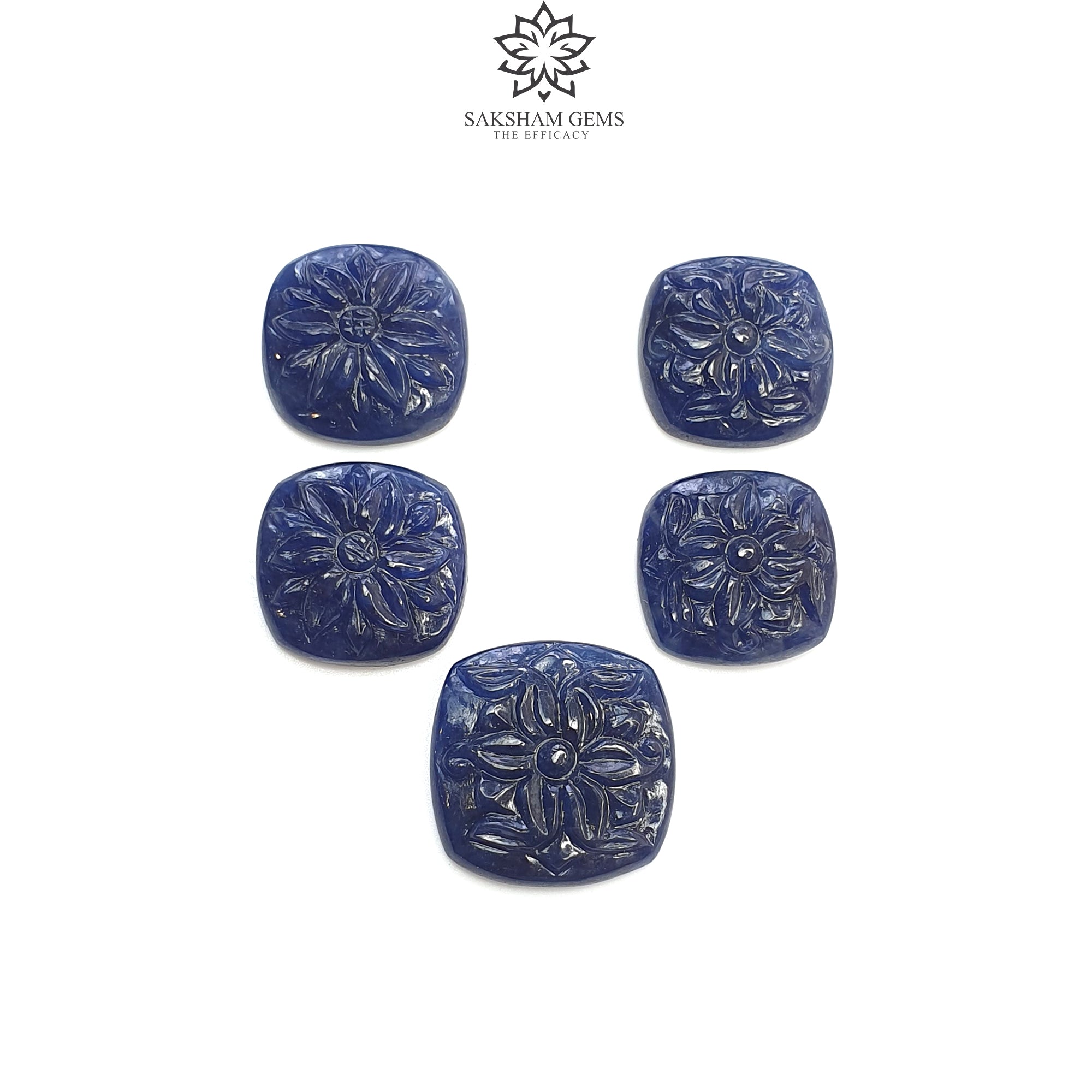 Natural Deep Blue Sapphire Gemstone Carving - 63.30cts Untreated Unheated Hand-Carved Cushion Shape (17x15mm to 20x18mm, 5 Pieces) for Jewelry Making, Collection & Luxury Gifts