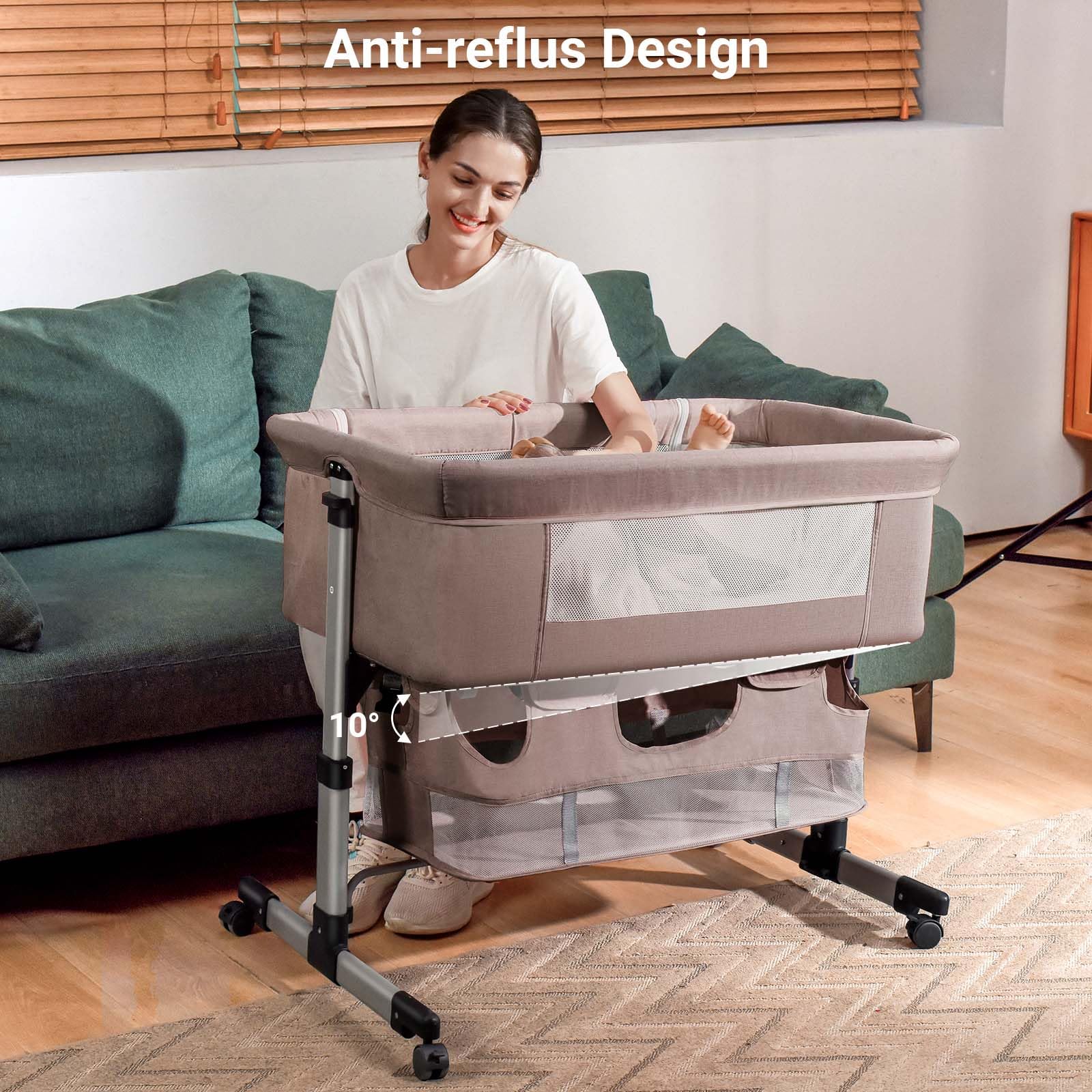 3-in-1 Adjustable Portable Baby Crib & Bassinet for Newborns - Convertible Bedside Sleeper with Breathable Mesh - Perfect for Nursery, Co-Sleeping & Travel (Khaki)