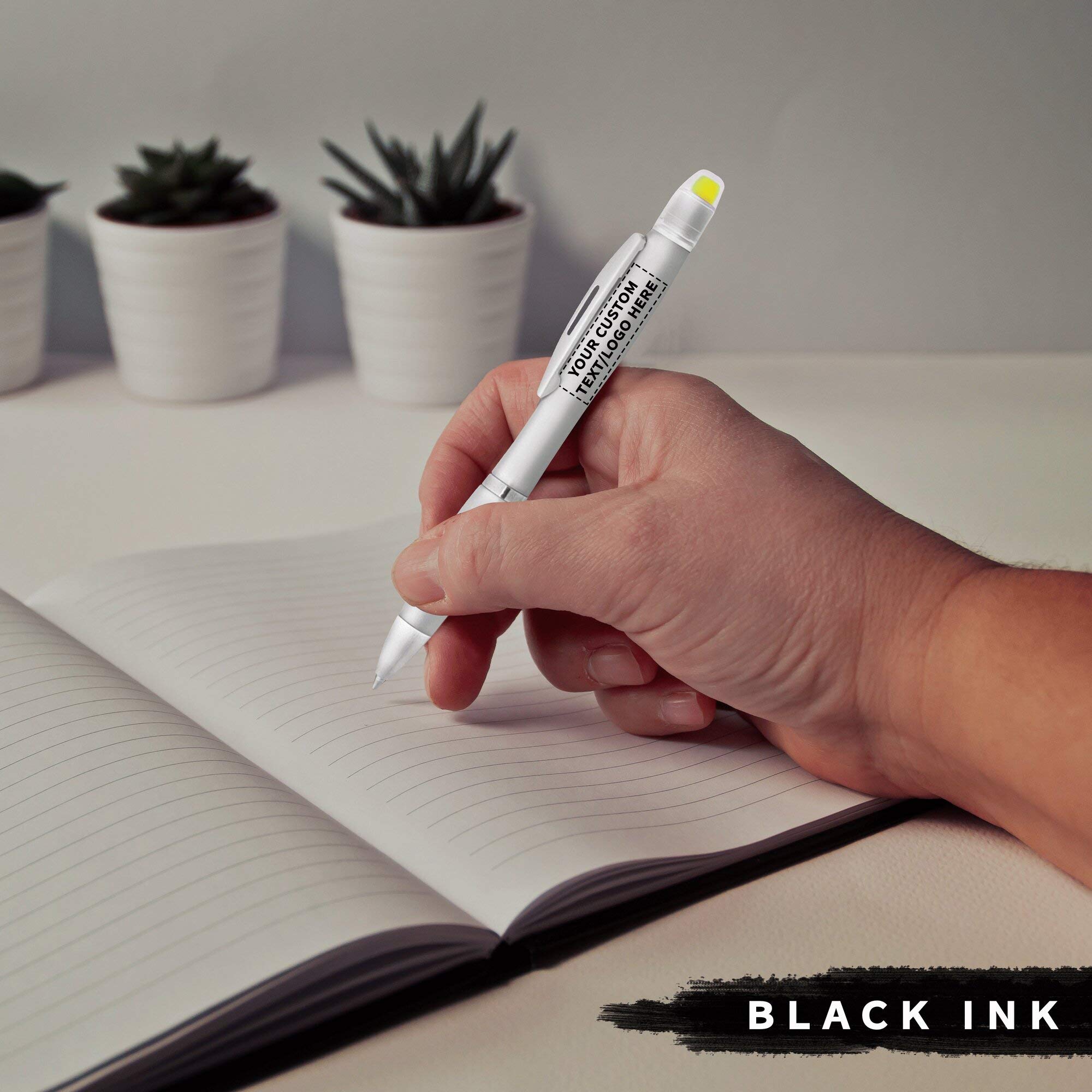 100 Pack Marathon Gel Highlighter Pens - Customizable Text & Logo - Twist Mechanism Ballpoint Pens - Silver - Perfect for Office, School, Study & Note Taking