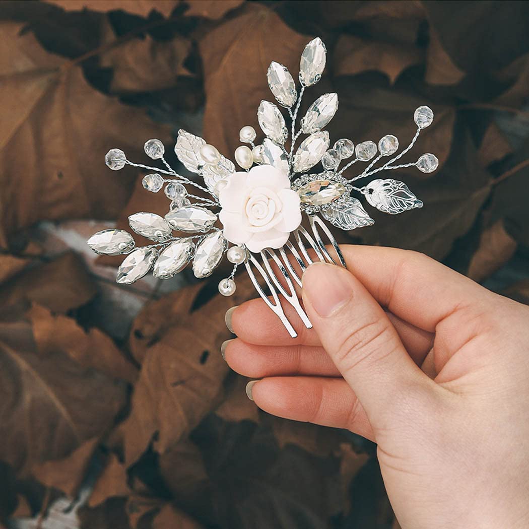 Latious Silver Crystal Bridal Hair Comb - Elegant Flower & Leaf Design Wedding Hair Accessories for Women & Girls | Perfect for Brides, Bridesmaids, and Special Occasions