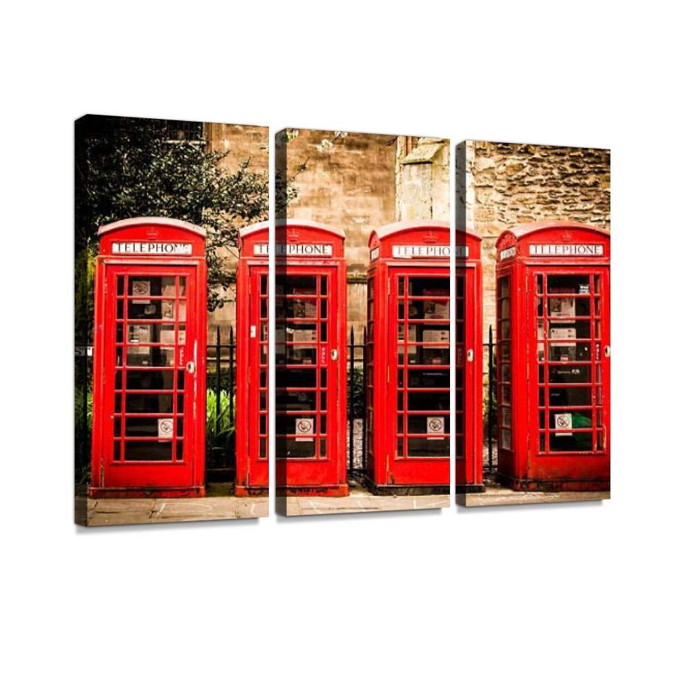 British Red Telephone Boxes Wall Art - Vintage Abstract Canvas Print, 3 Panels Framed & Ready to Hang | Home Decor, Office Decor, Living Room Wall Art | Exclusive Photography, Iconic UK Landmark Painting