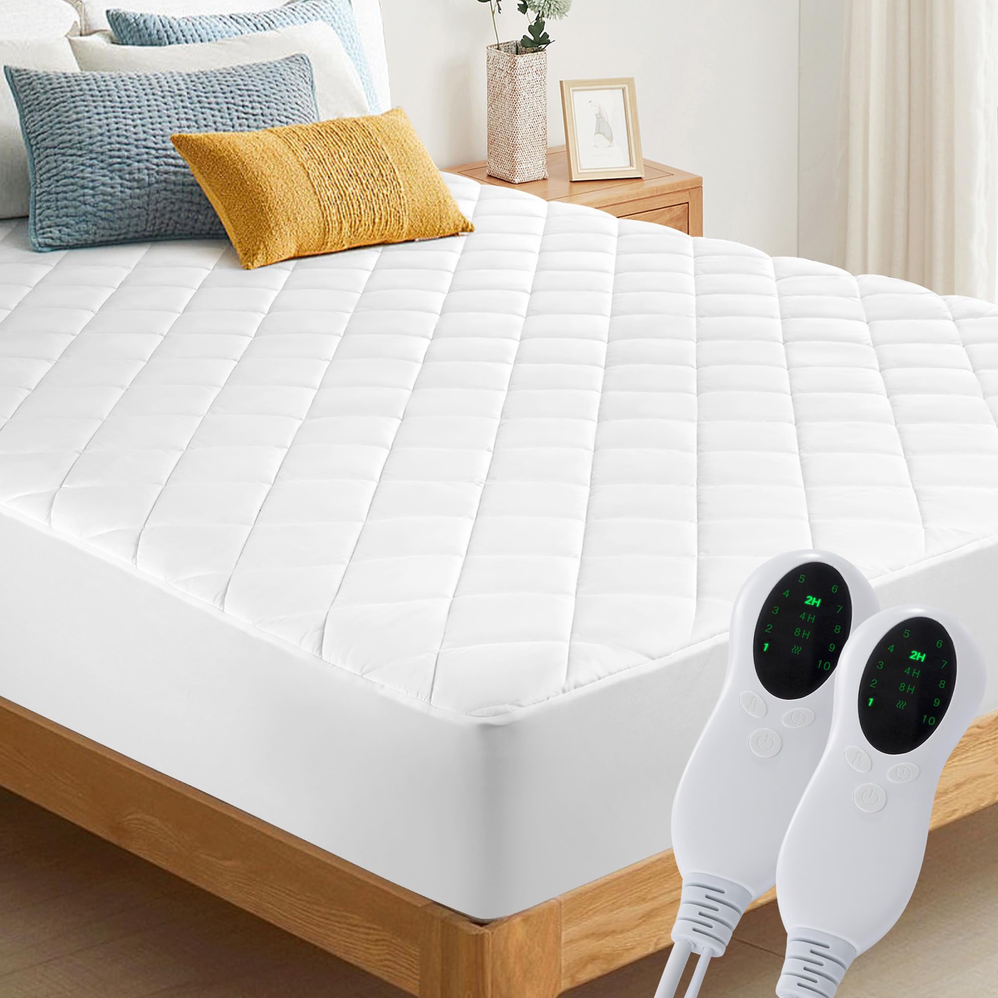Electric Heated Mattress Pad Queen Size - Dual Control Luxury Bed Warmer with 10 Heat Settings & Auto Off (2/4/8 Hours) | Fits Up to 18