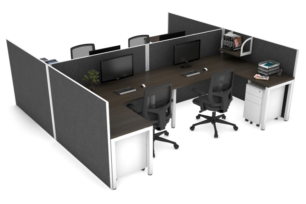 Quadro Square Legs 4-Person Corner Workstation - H Configuration White Frame [1400L x 1800W with Cable Management] - Perfect for Office Collaboration & Team Workspaces