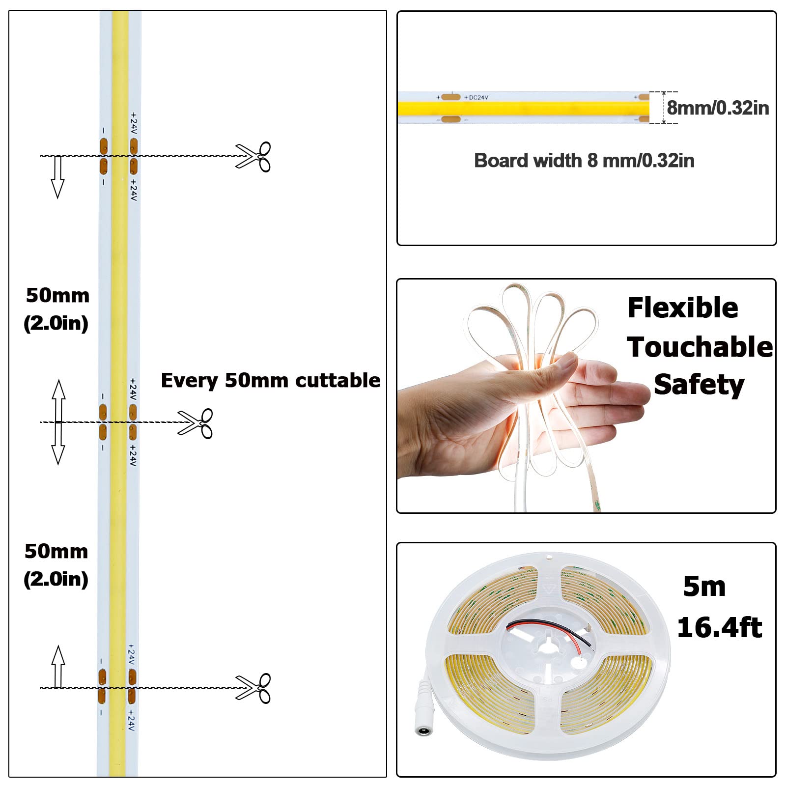 24V COB LED Strip Light 6000K Cool White - 2400 LEDs, 16.4ft (5M), CRI 93+, 4500lm, Dotless Uniform Glow, Flexible IP20 Non-Waterproof LED Tape - Perfect for DIY Home, Bedroom, Kitchen, Cabinet, and Under-Cabinet Lighting (Power Supply Not Included)