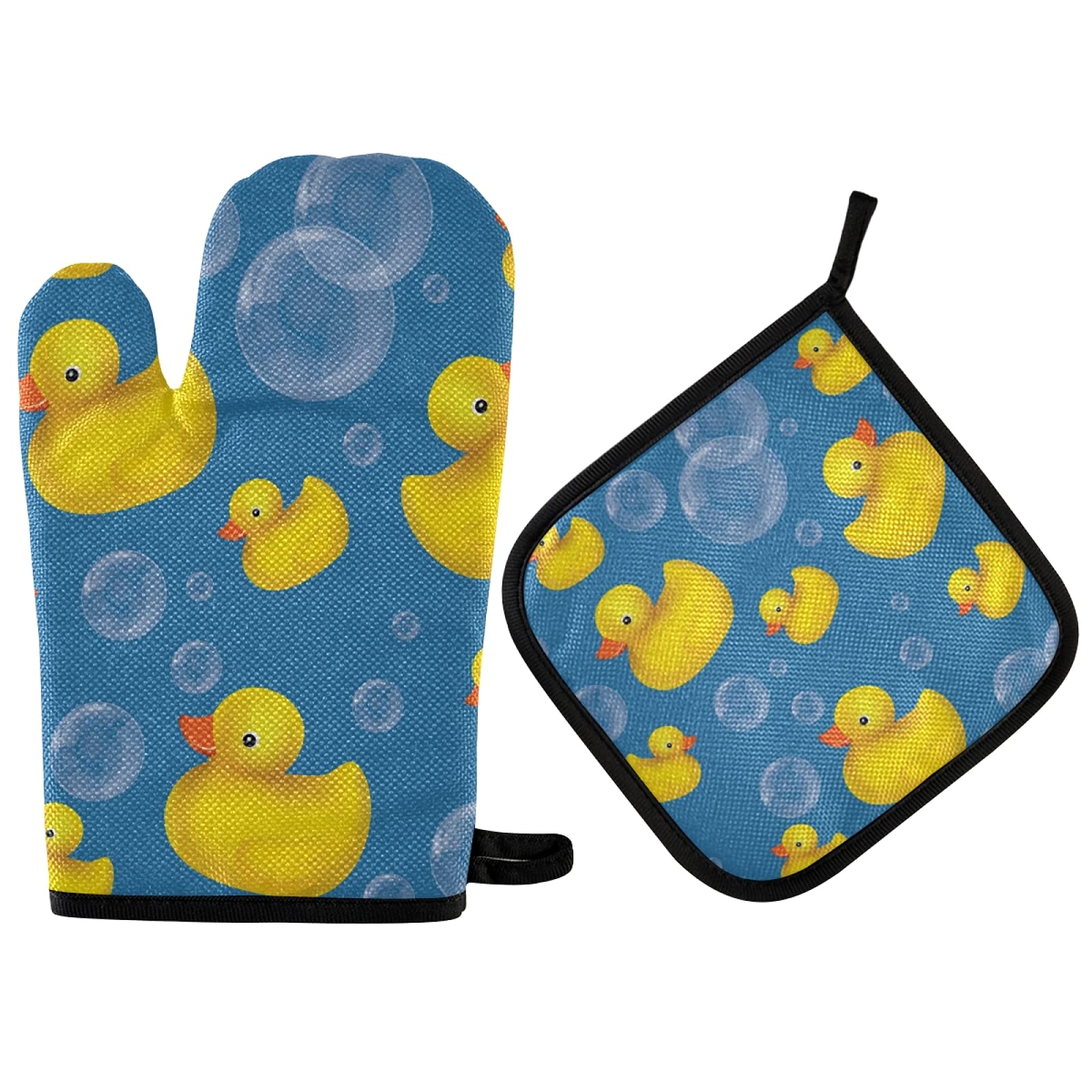Heat Resistant Yellow Rubber Duck Oven Mitts & Pot Holders Set - Kitchen Cooking Gloves for Baking, Grilling, Microwave - Fun & Safe Kitchen Accessories for Home Chefs