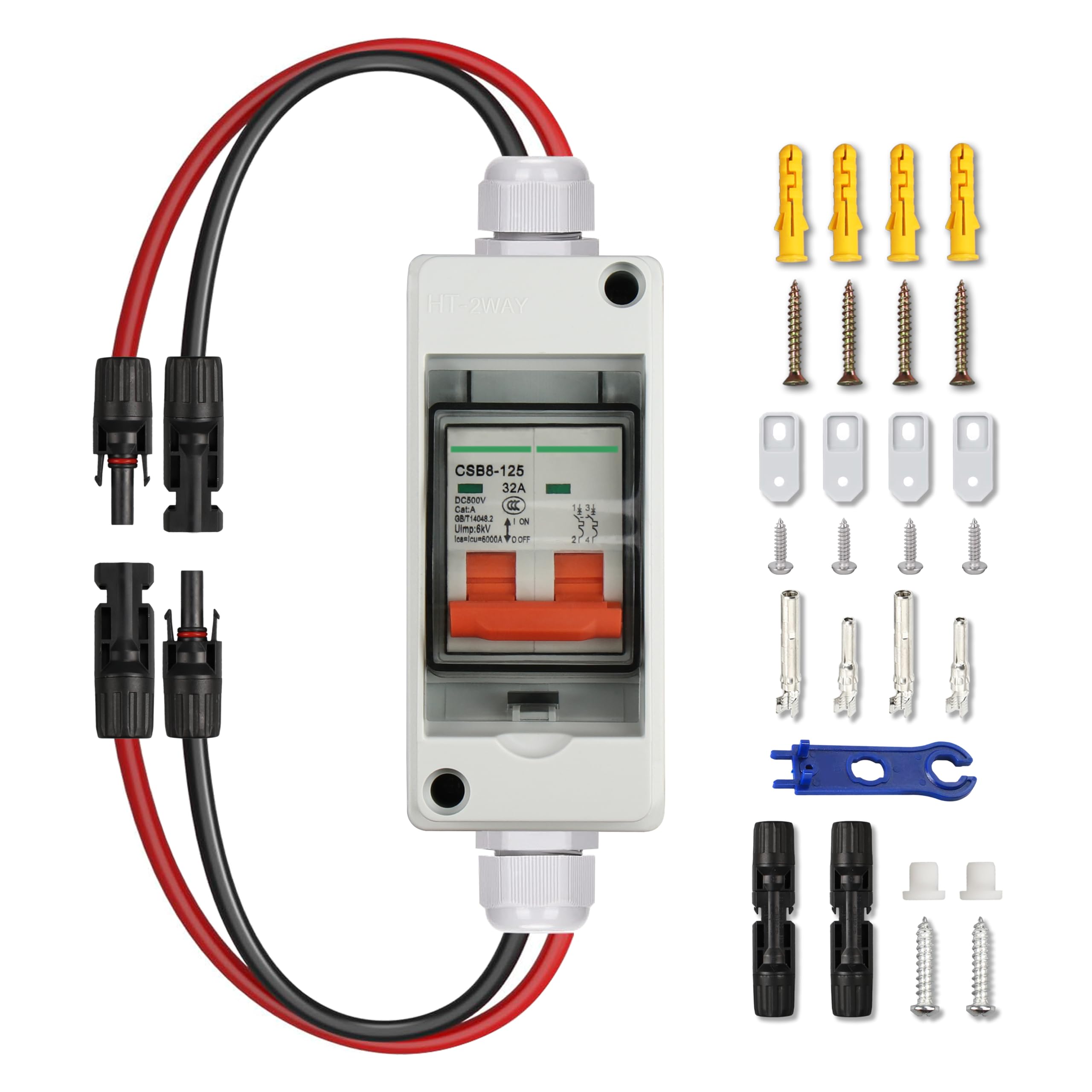 500V DC Solar Disconnect Switch IP65 Waterproof Outdoor Circuit Breaker - 2 Pole DIN Rail Mount MCB with Wall Brackets - Perfect for Solar Panel Systems, RV Power & Off-Grid Electrical Installations
