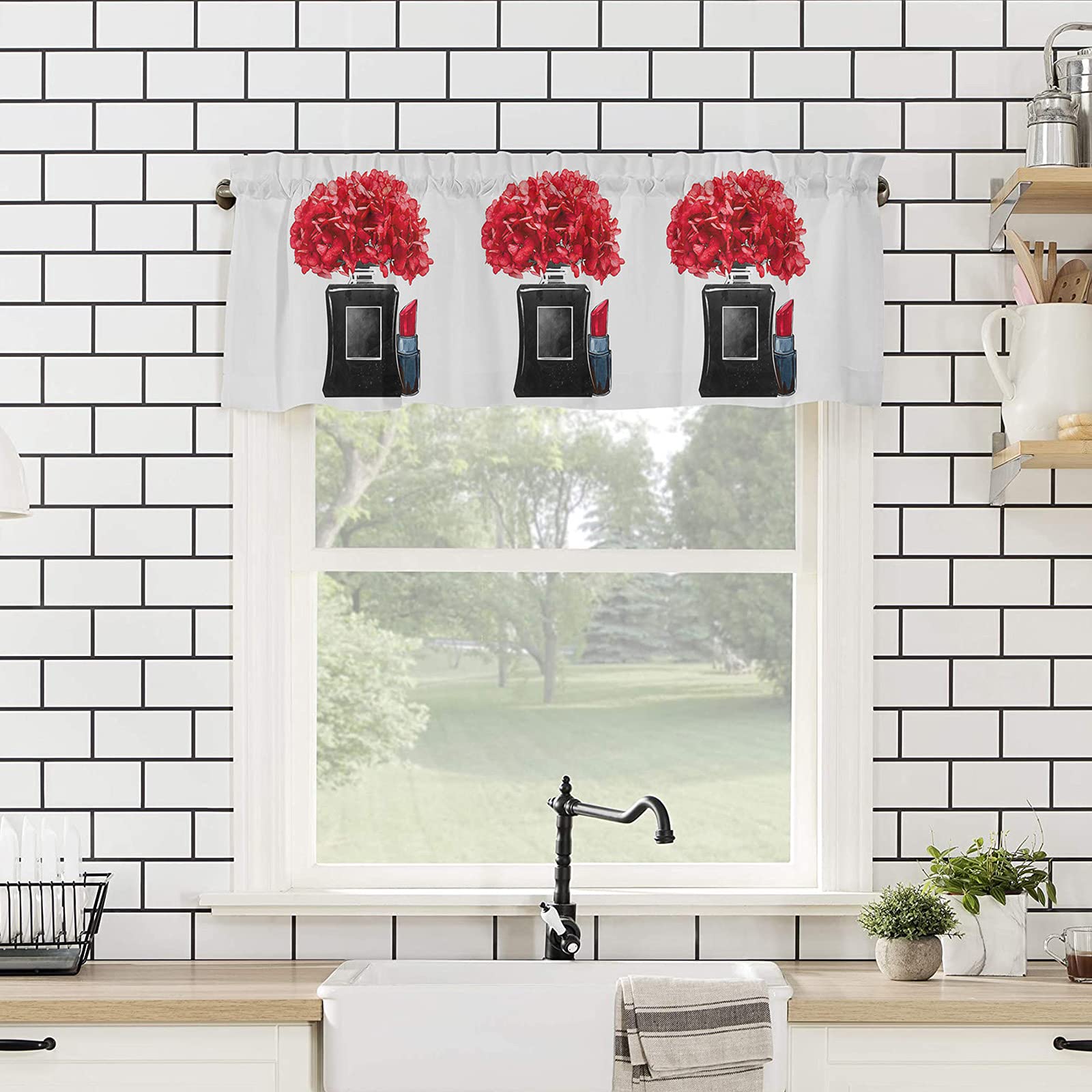 Red Floral Blackout Window Valance Curtain - 54 x 18 Inch Rod Pocket Tier Curtain Panel for Kitchen, Bedroom, Living Room & Bathroom - Perfect for Home Decor and Light Control