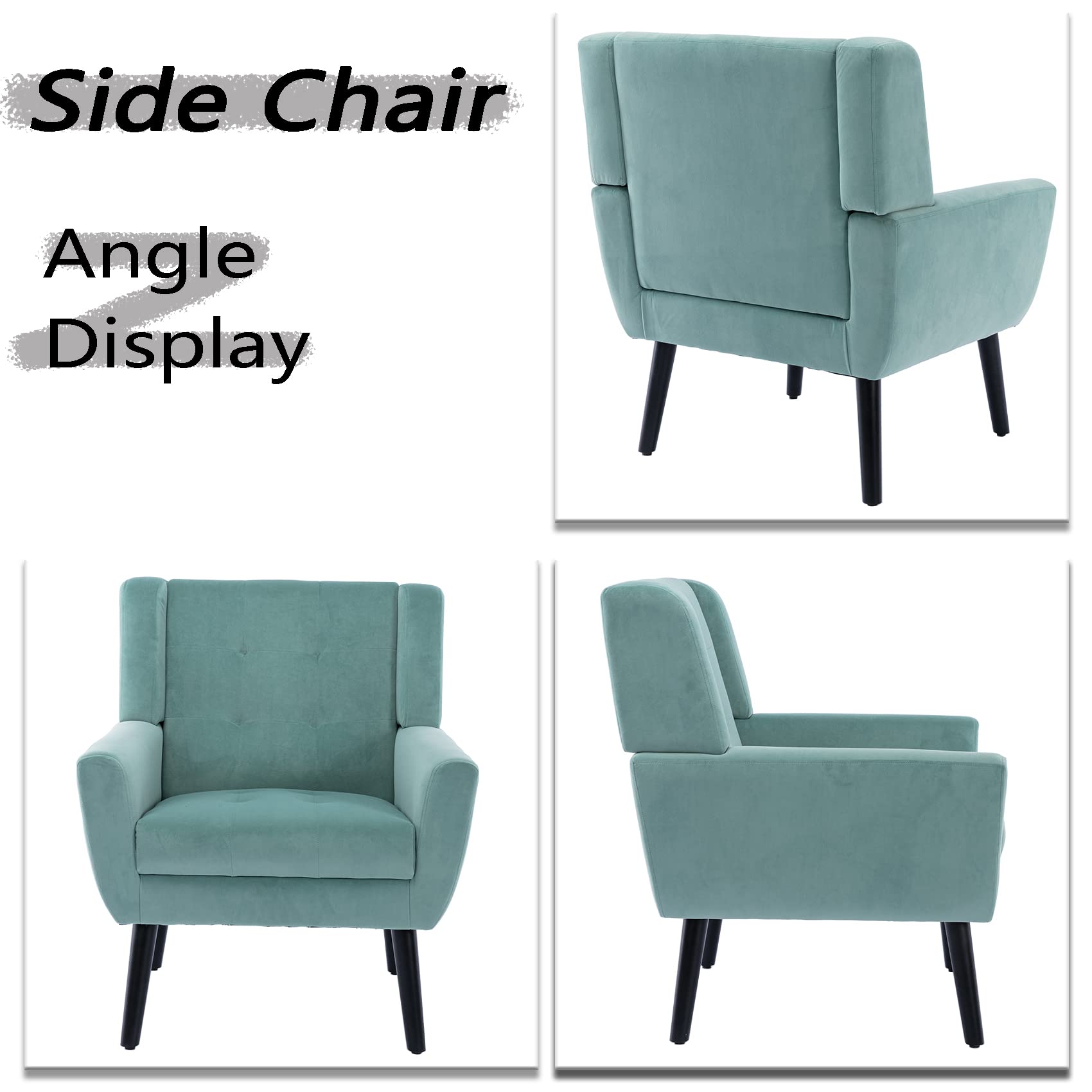 Midcentury Modern Velvet Accent Chair with Arms - Tufted Back Upholstered Reading Side Chair for Living Room, Bedroom & Office - Mint Green Wingback Lounge Chair for Relaxing & Home Decor